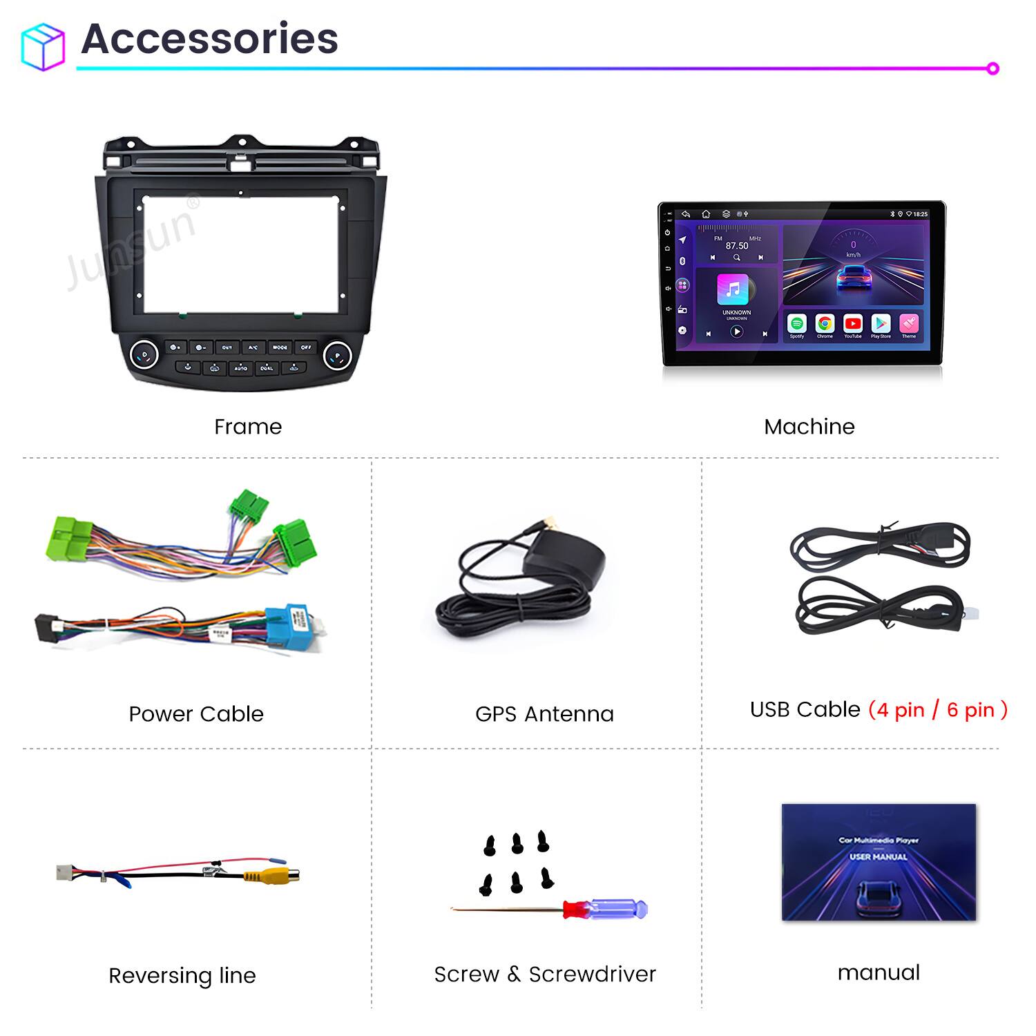Accessories Junsun

- Frame
- Machine
- Power Cable
- GPS Antenna
- USB Cable (4 pin / 6 pin)
- Reversing line
- Screw & Screwdriver
- Manual