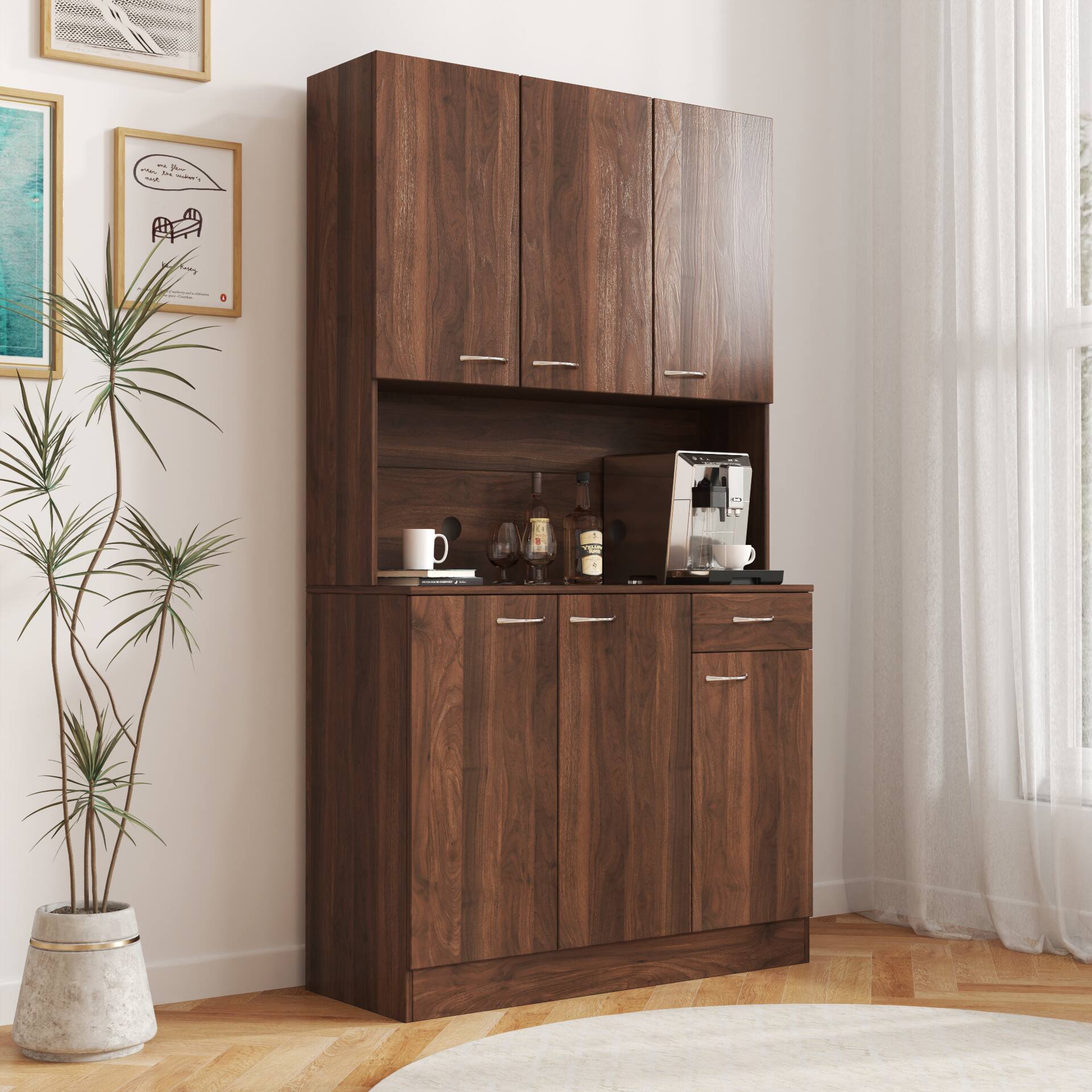 Left. Dexmalle - Dexmalle-70.87" Tall Kitchen Storage Cabinet with Microwave Stand-Walnut - Walnut.