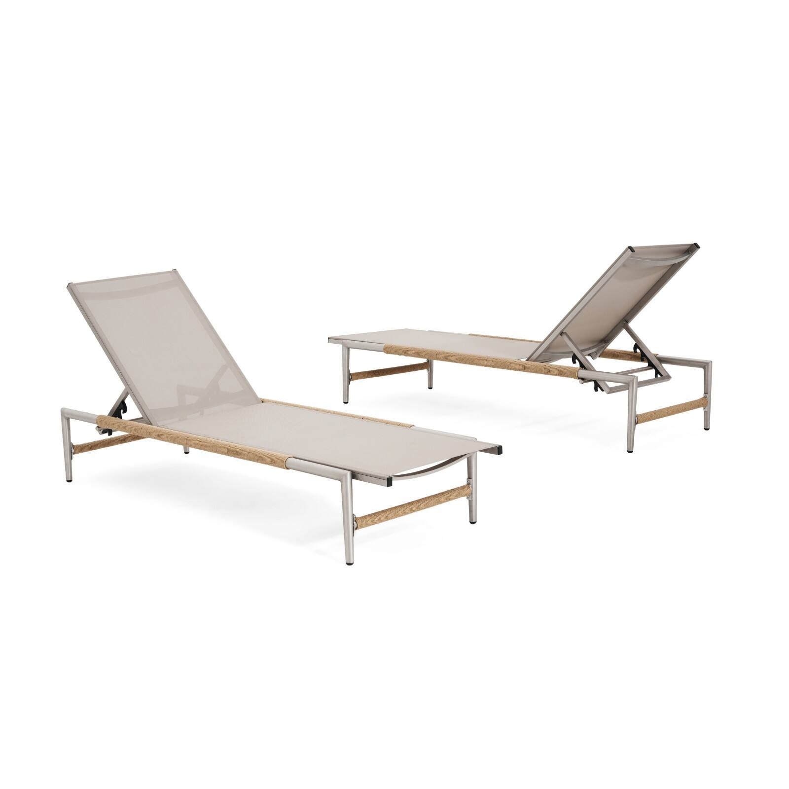 Alt View 7. Ecooso - Set of 2 Aluminum Outdoor Chaise Lounges with Breathable Mesh Seats, Ergonomic Design, and Weather-Resistant Frame - Natural,Silver.