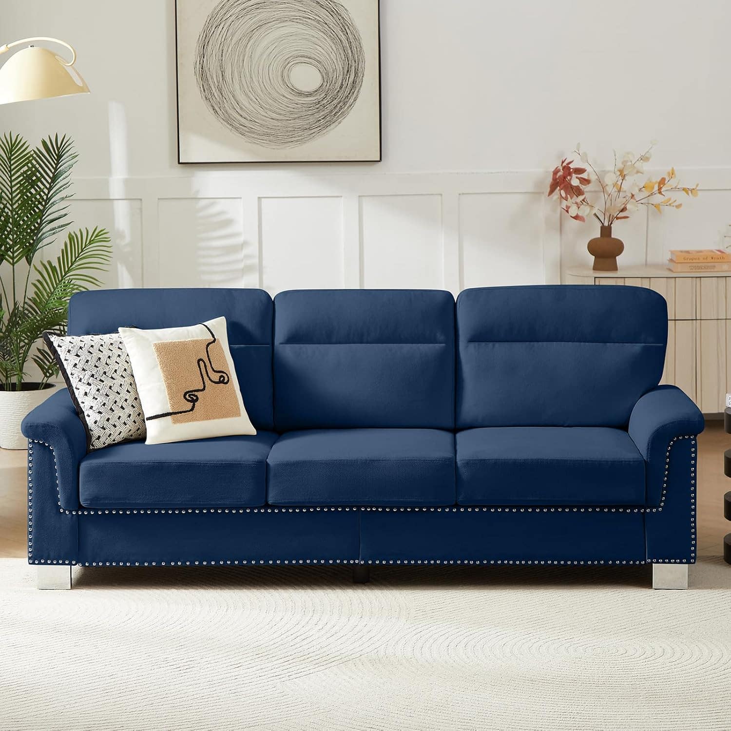 Trinkets Crazed - 82" Modern Compressed Snowfleece Fabric 3-Seater Sofa, for Living Room - Blue