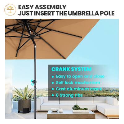 EASY ASSEMBLY  
JUST INSERT THE UMBRELLA POLE

CRANK SYSTEM  
- Easy to open and close  
- Self lock mechanism  
- Cast aluminum crank  
- 8 Strong ribs