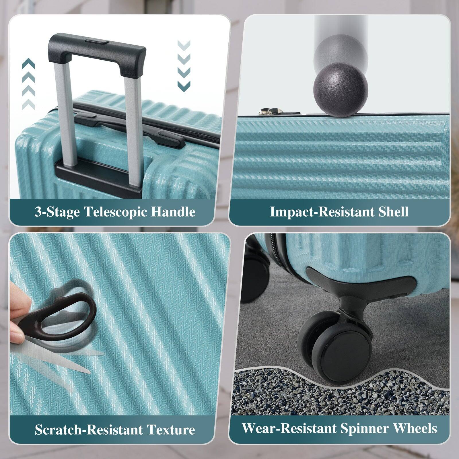 - 3-Stage Telescopic Handle
- Impact-Resistant Shell
- Scratch-Resistant Texture
- Wear-Resistant Spinner Wheels