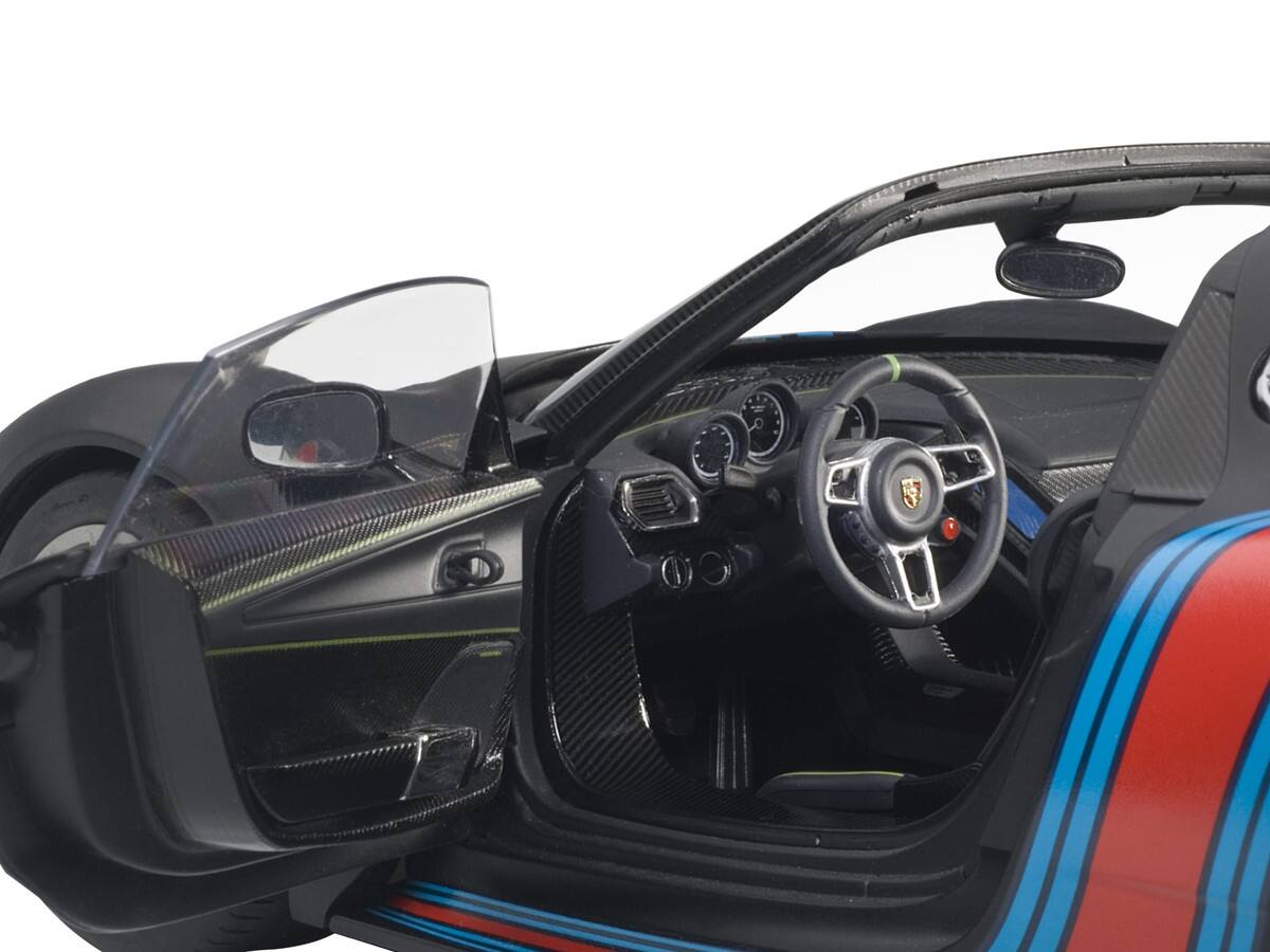 Angle. Autoart - Porsche 918 Spyder Weissach Package Black/ Martini Livery #15 1/18 Model Car  by Autoart - Black/ Martini.