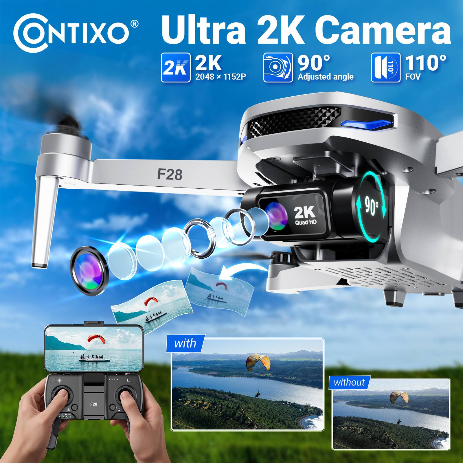 CONTIXO Ultra 2K Camera 2K 2K 90 110 110 2048 x 1152P Adjusted angle FOV F28 2K Quad HD 90   with without -2