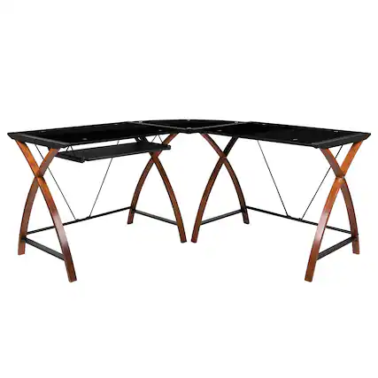 Front. Emma + Oliver - Glass L-Shape Corner Computer Desk with Pull-Out Keyboard Tray - Black Top/Cherry Frame.