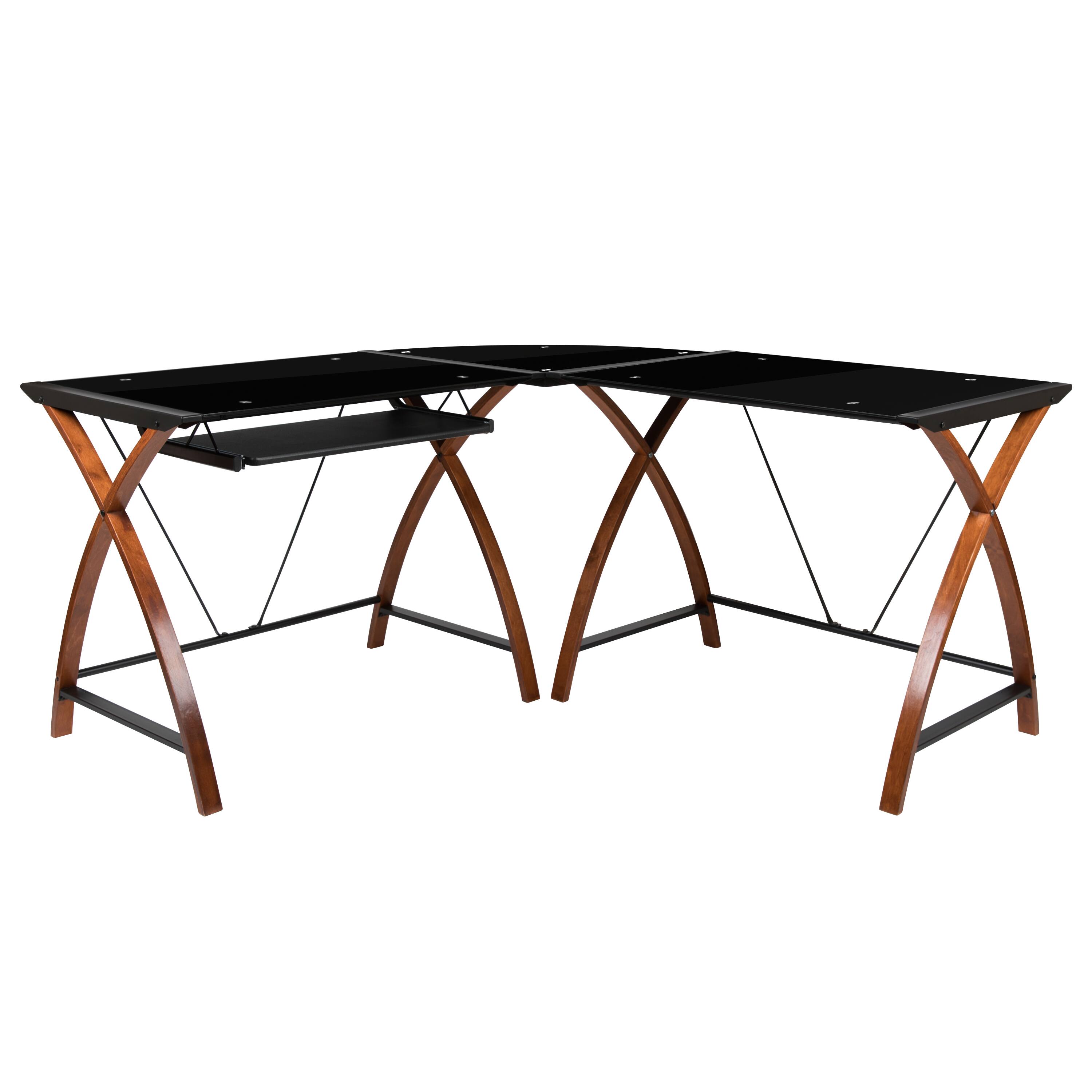 Emma + Oliver - Glass L-Shape Corner Computer Desk with Pull-Out Keyboard Tray - Black Top/Cherry Frame