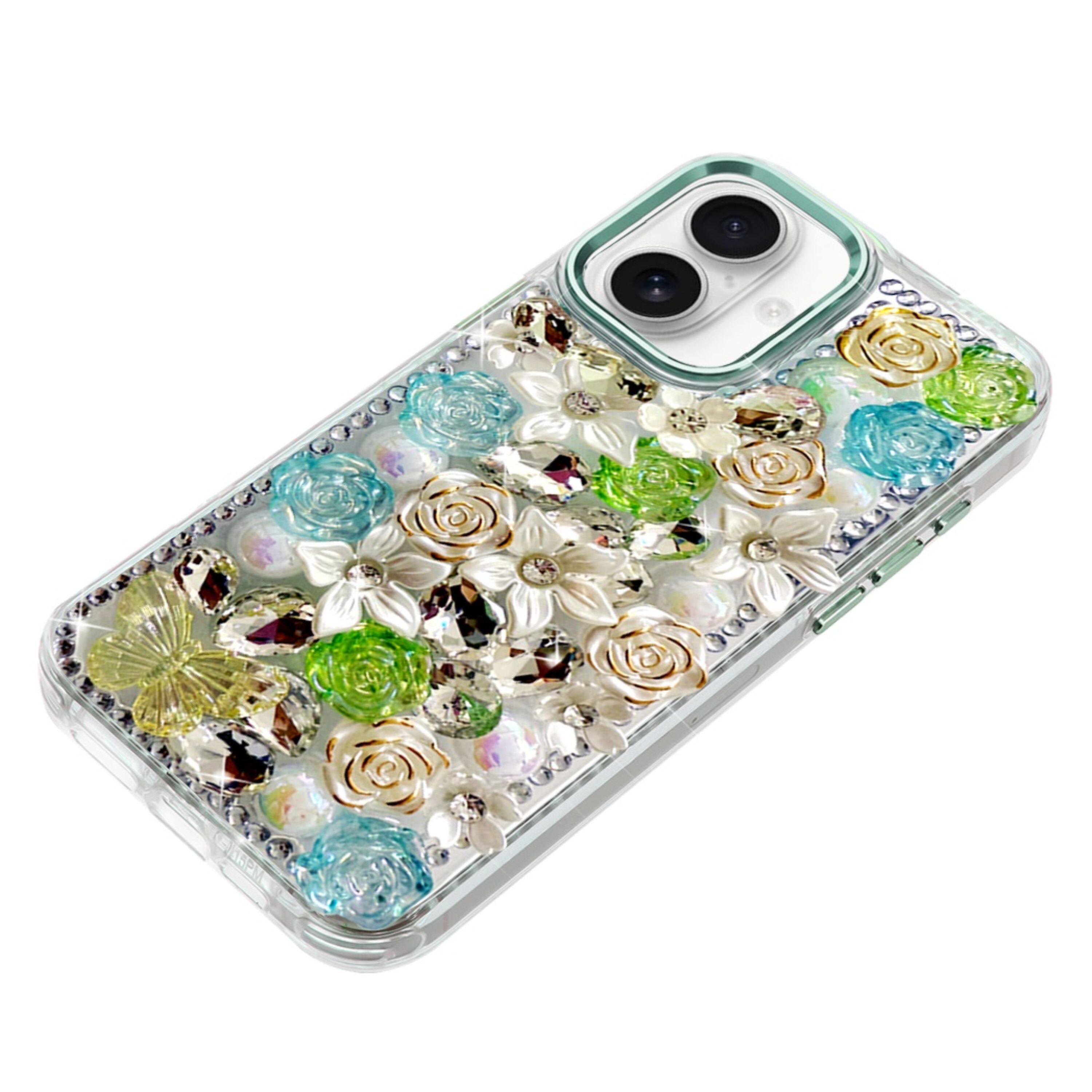Angle. Kitcheniva - Full Floral 3D Bling Jewel Cute Phone Cover Plus Tempered Glass For iPhone 17 Green - Green.