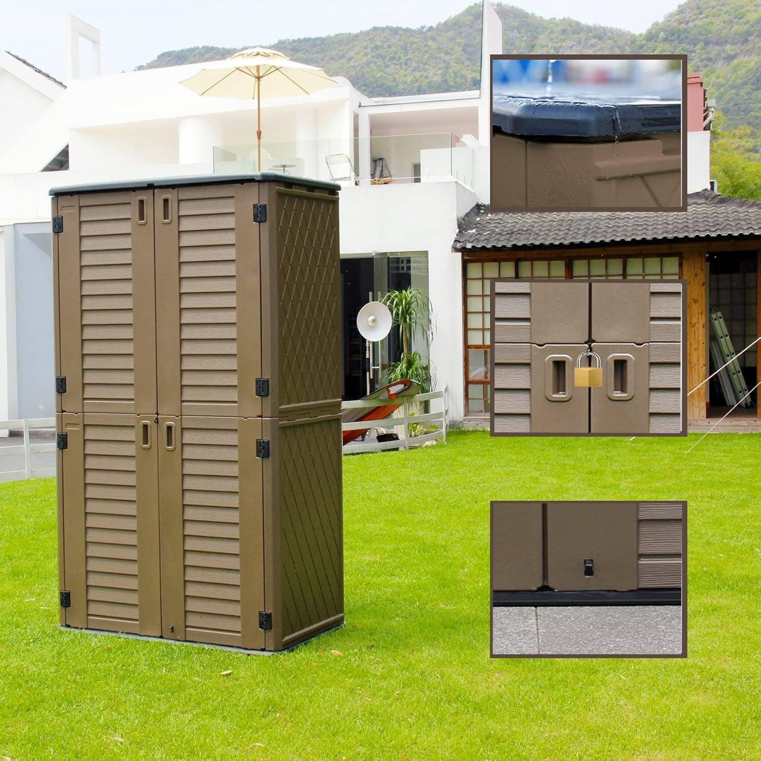 Back. Mondawe - 260 Gallons HDPE Double-Panel Weatherproof Outdoor Storage Shed - Brown.