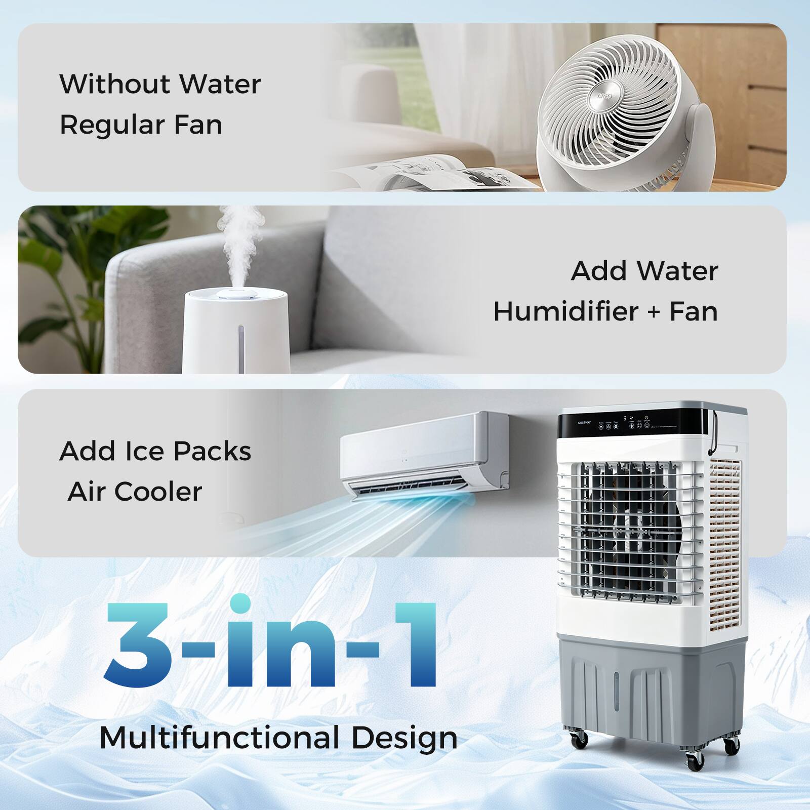 Without Water Regular Fan  
Add Water Humidifier + Fan  
Add Ice Packs Air Cooler  
3-in-1 Multifunctional Design