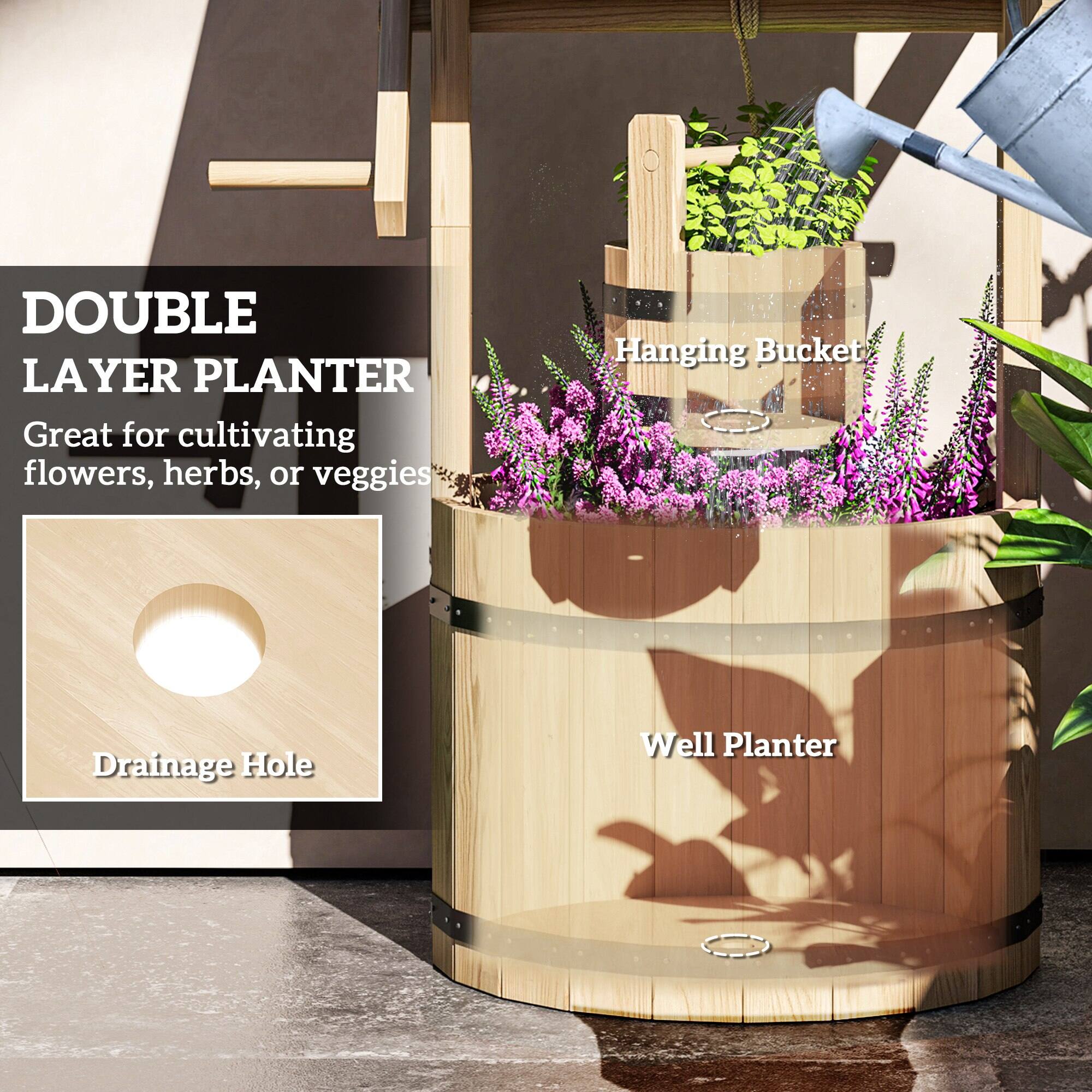 DOUBLE LAYER PLANTER  
Great for cultivating flowers, herbs, or veggies  

Hanging Bucket  
Drainage Hole  
Well Planter