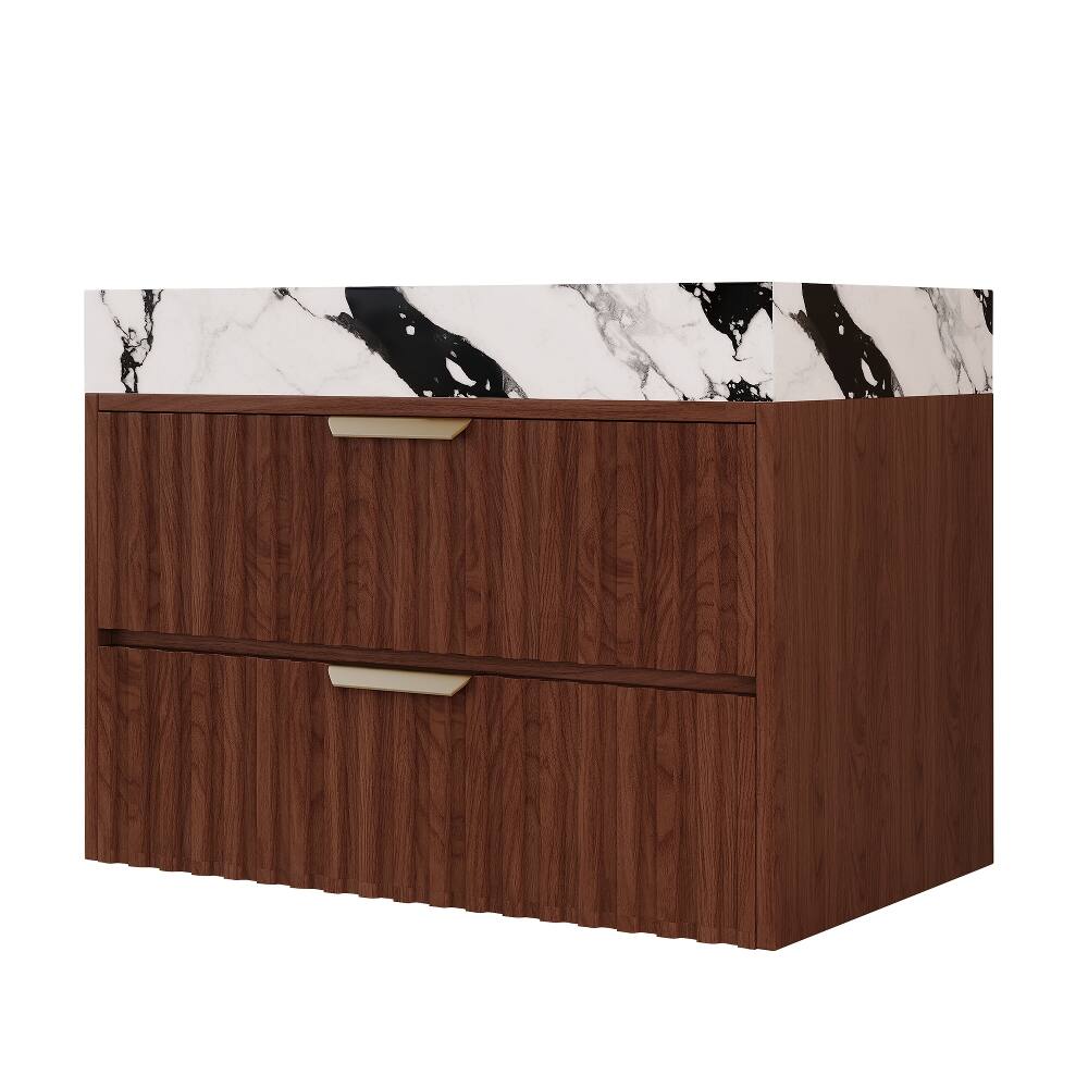 Alt View 4. Loheer - Loheer 30 inch floating bathroom vanity Walnut Modern Wall Mounted Cabinet with Ceramic Sink - Walnut, White.