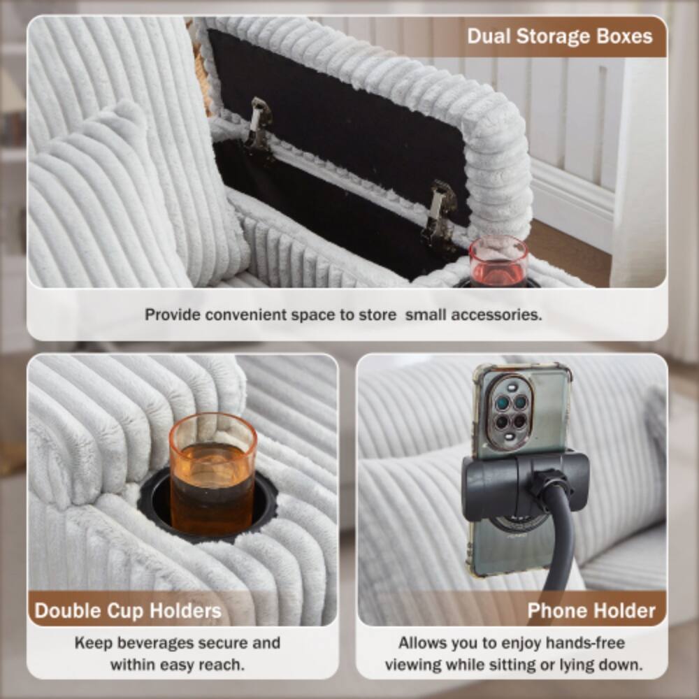 Dual Storage Boxes  
Provide convenient space to store small accessories.  

Double Cup Holders  
Keep beverages secure and within easy reach.  

Phone Holder  
Allows you to enjoy hands-free viewing while sitting or lying down.
