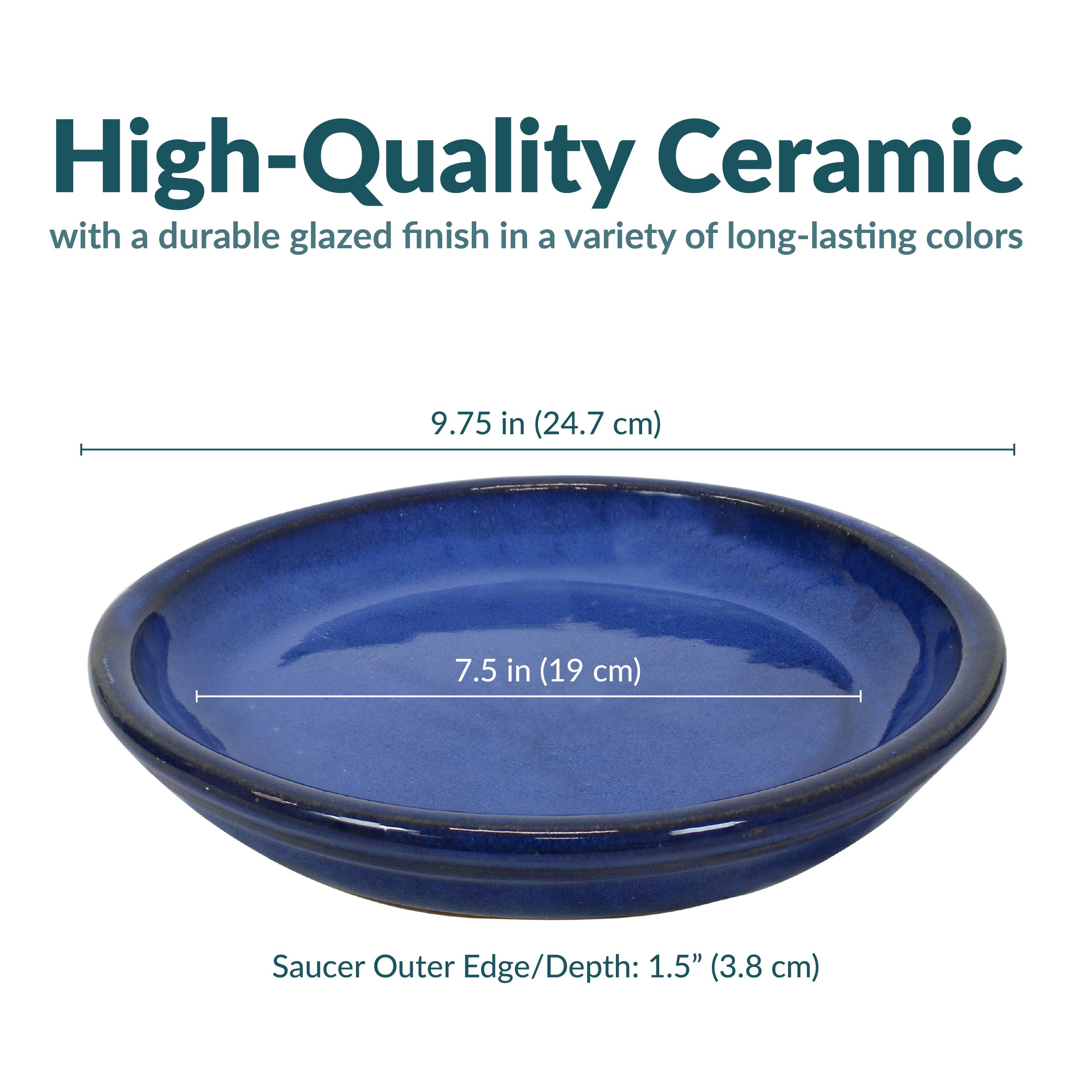 High-Quality Ceramic  
with a durable glazed finish in a variety of long-lasting colors  

9.75 in (24.7 cm)  
7.5 in (19 cm)  

Saucer Outer Edge/Depth: 1.5" (3.8 cm)