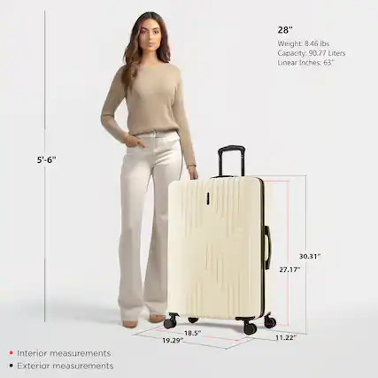 - **Size:** 28"
- **Weight:** 8.46 lbs
- **Capacity:** 90.77 Liters
- **Linear Inches:** 63"
**Interior Measurements:**
- **Height:** 27.17"
- **Width:** 19.29"
- **Depth:** 11.22"
**Exterior Measurements:**
- **Height:** 30.31"
- **Width:** 19.29"
- **Depth:** 18.5"
**Reference Height:** 5'-6"
