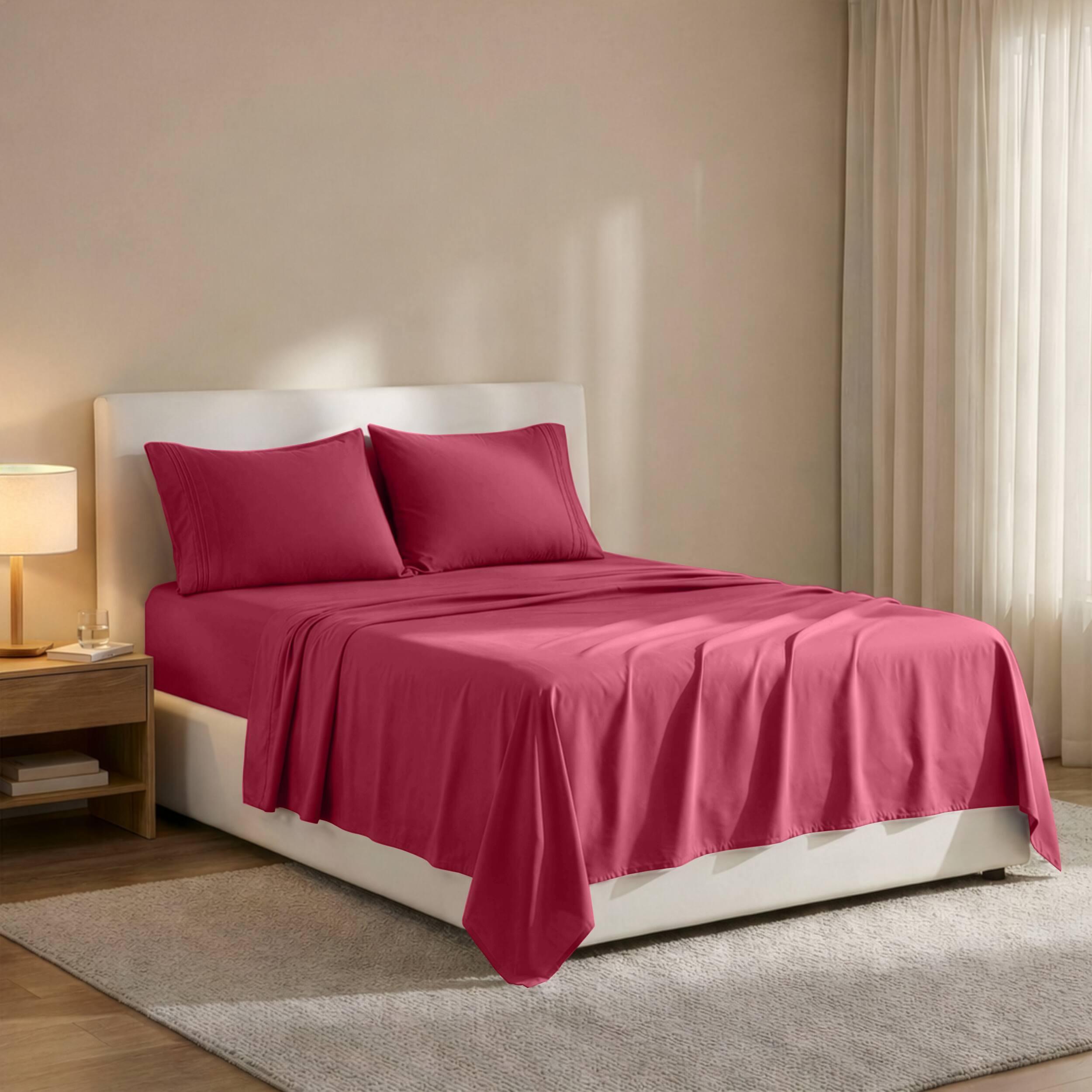 Angle. Lux Decor Collection - 4-Piece Queen Bed Sheet Set, Ultra Soft Microfiber, Deep Pocket, Wrinkle-Resistant, Hypoallergenic, All-Season Comfort - Burgundy.
