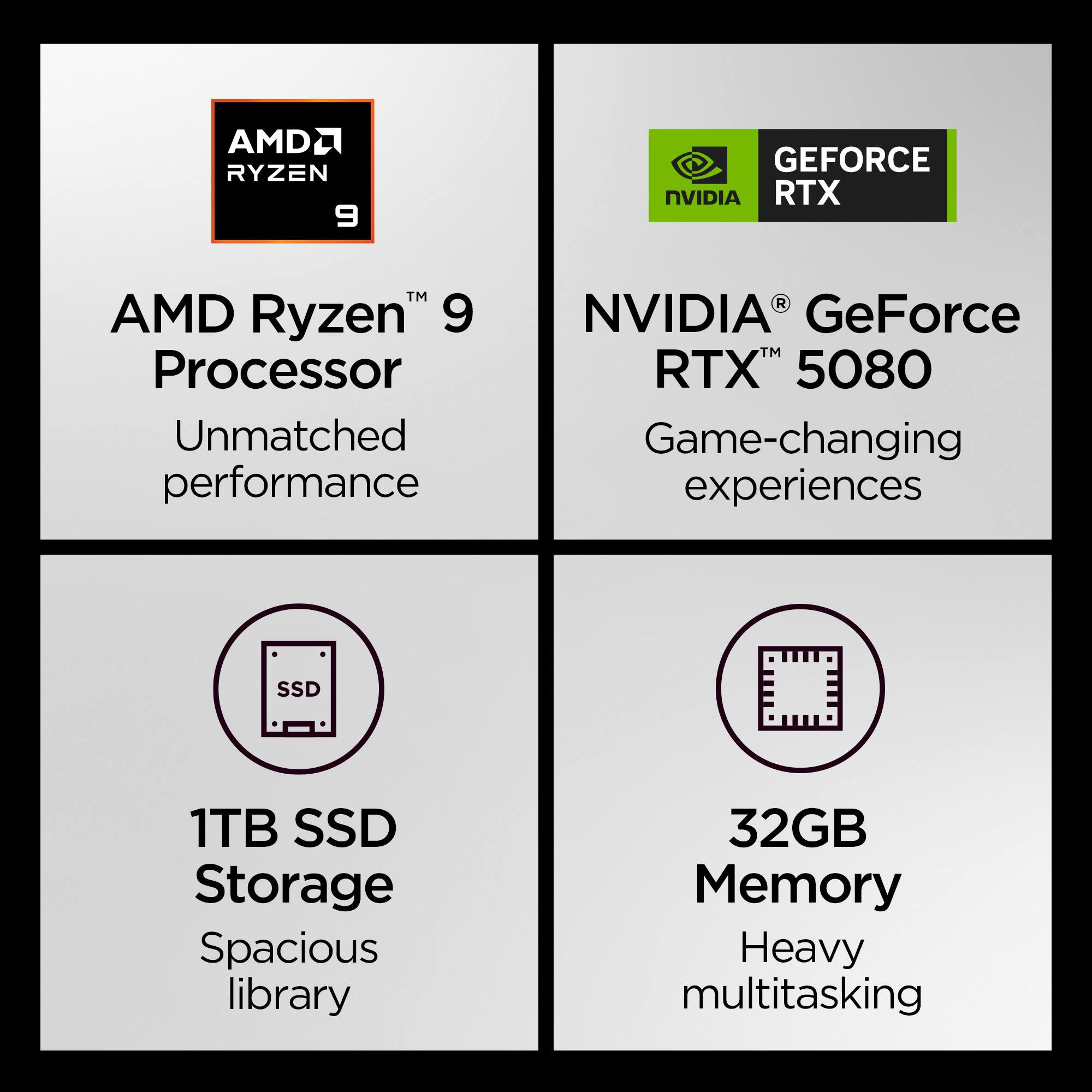 AMD Ryzen 9 Processor  
Unmatched performance  

NVIDIA GeForce RTX 5080  
Game-changing experiences  

1TB SSD Storage  
Spacious library  

32GB Memory  
Heavy multitasking
