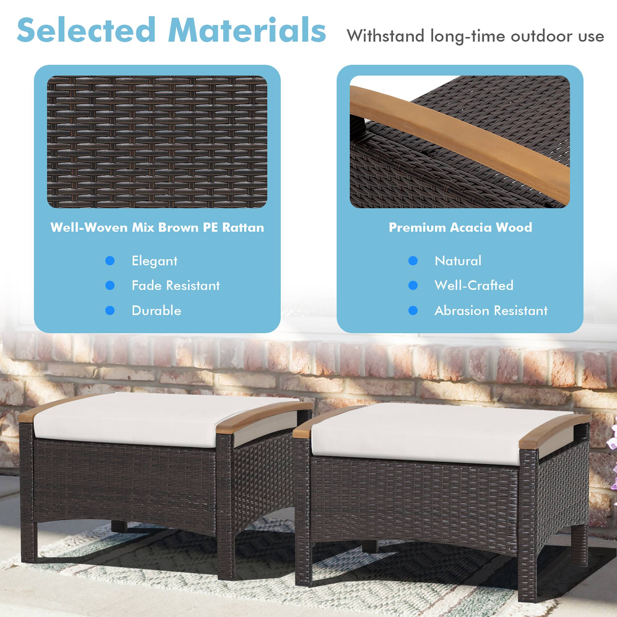 Selected Materials  
Withstand long-time outdoor use  

Well-Woven Mix Brown PE Rattan  
- Elegant  
- Fade Resistant  
- Durable  

Premium Acacia Wood  
- Natural  
- Well-Crafted  
- Abrasion Resistant