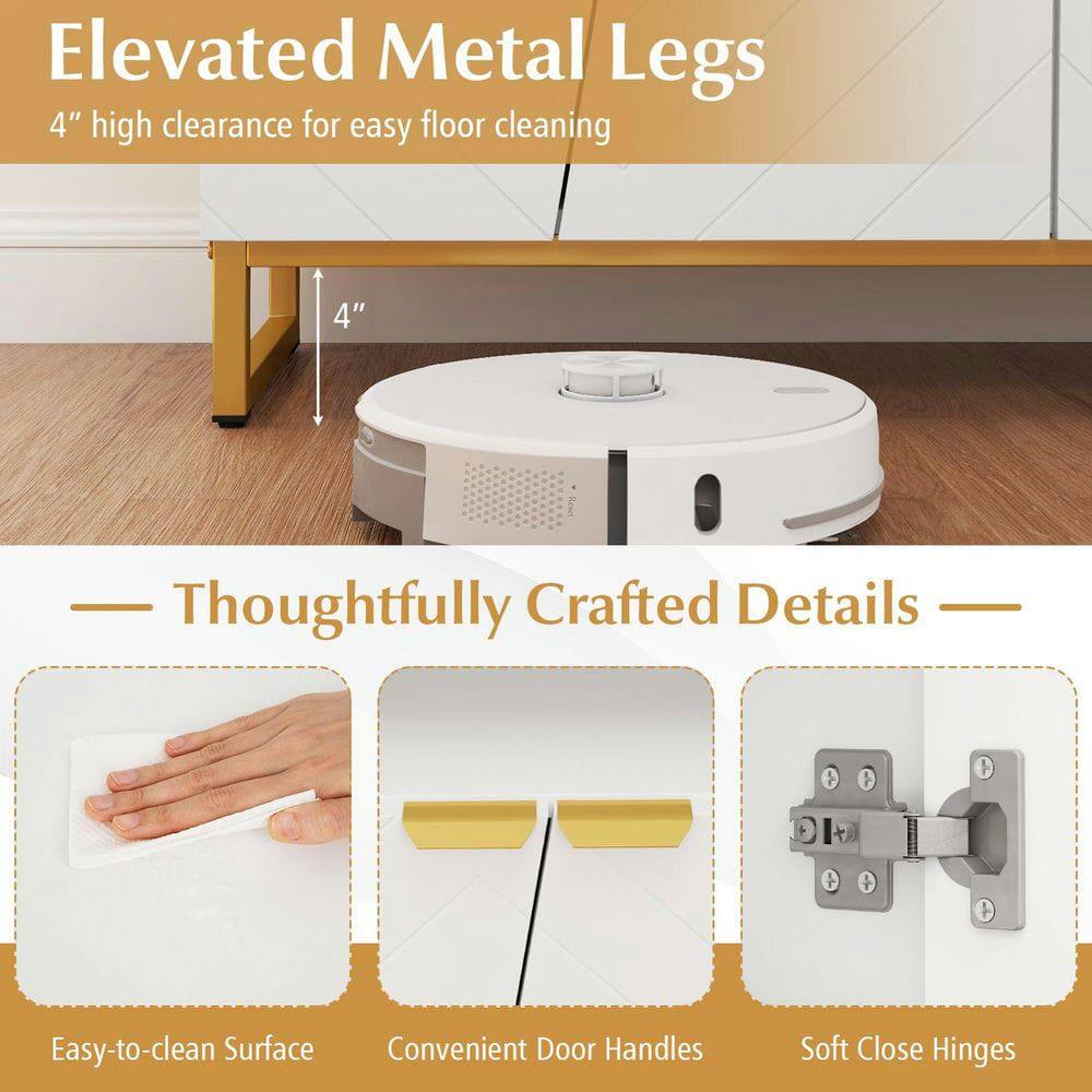 Elevated Metal Legs  
4" high clearance for easy floor cleaning  

Thoughtfully Crafted Details  
- Easy-to-clean Surface  
- Convenient Door Handles  
- Soft Close Hinges