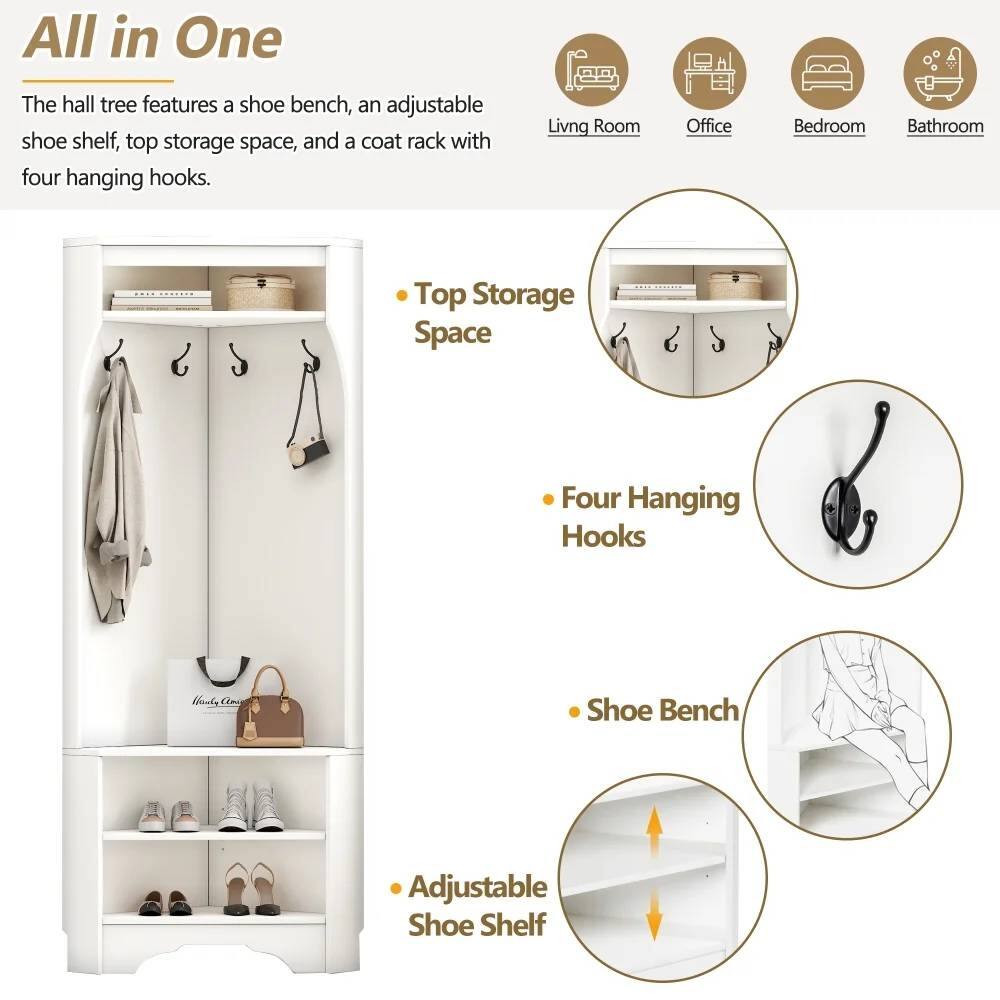 All in One

The hall tree features a shoe bench, an adjustable shoe shelf, top storage space, and a coat rack with four hanging hooks.

- Top Storage Space
- Four Hanging Hooks
- Shoe Bench
- Adjustable Shoe Shelf

Living Room Office Bedroom Bathroom
