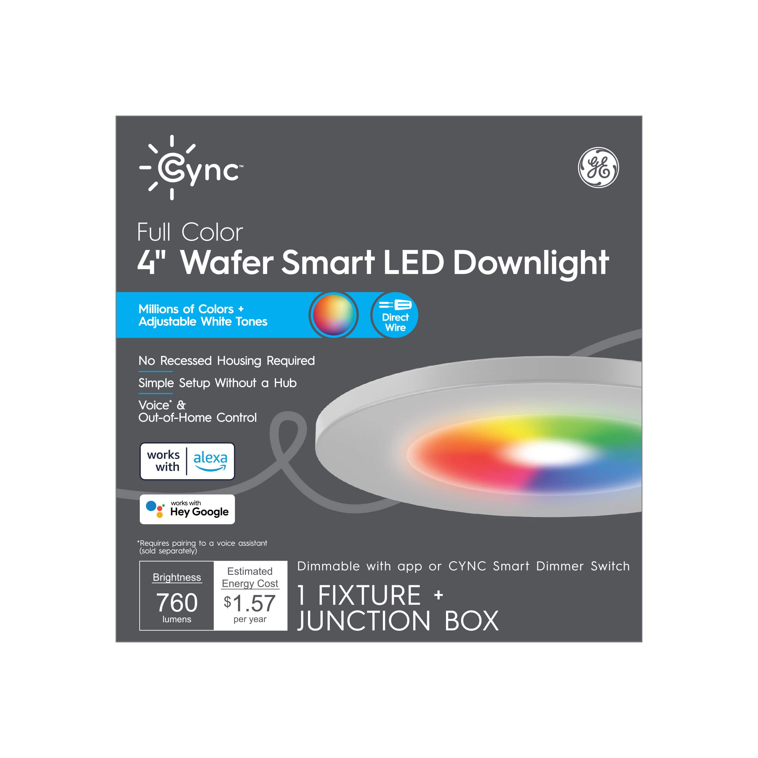 Front. GE - CYNC 4 Inch Wafer Smart LED Downlight Fixture - Full Color.