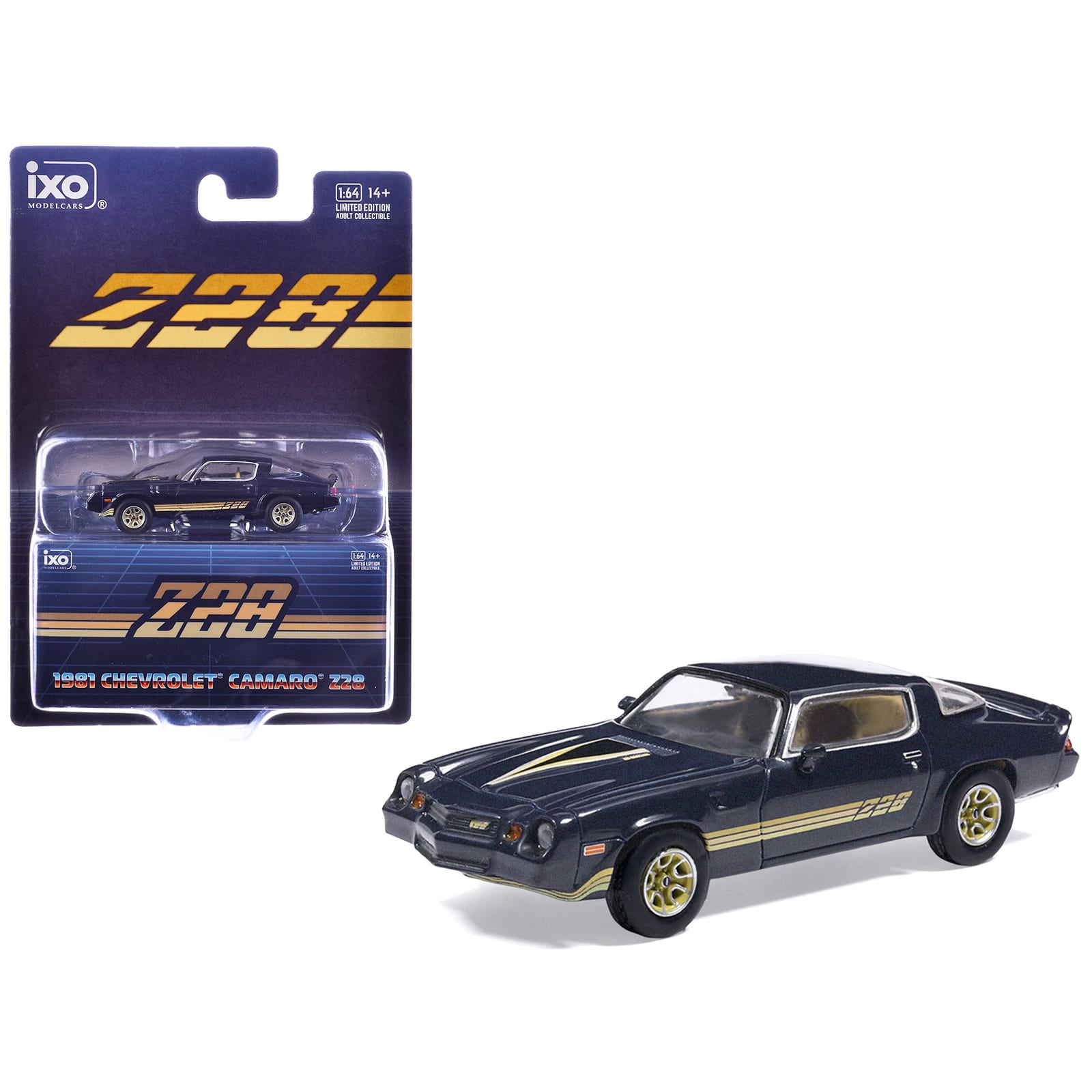 1981 Chevrolet Camaro Z28 Dark Blue Metallic with Gold Stripes and Interior 1/64 Diecast Model Car by IXO Models price history on PriceWatchPro
