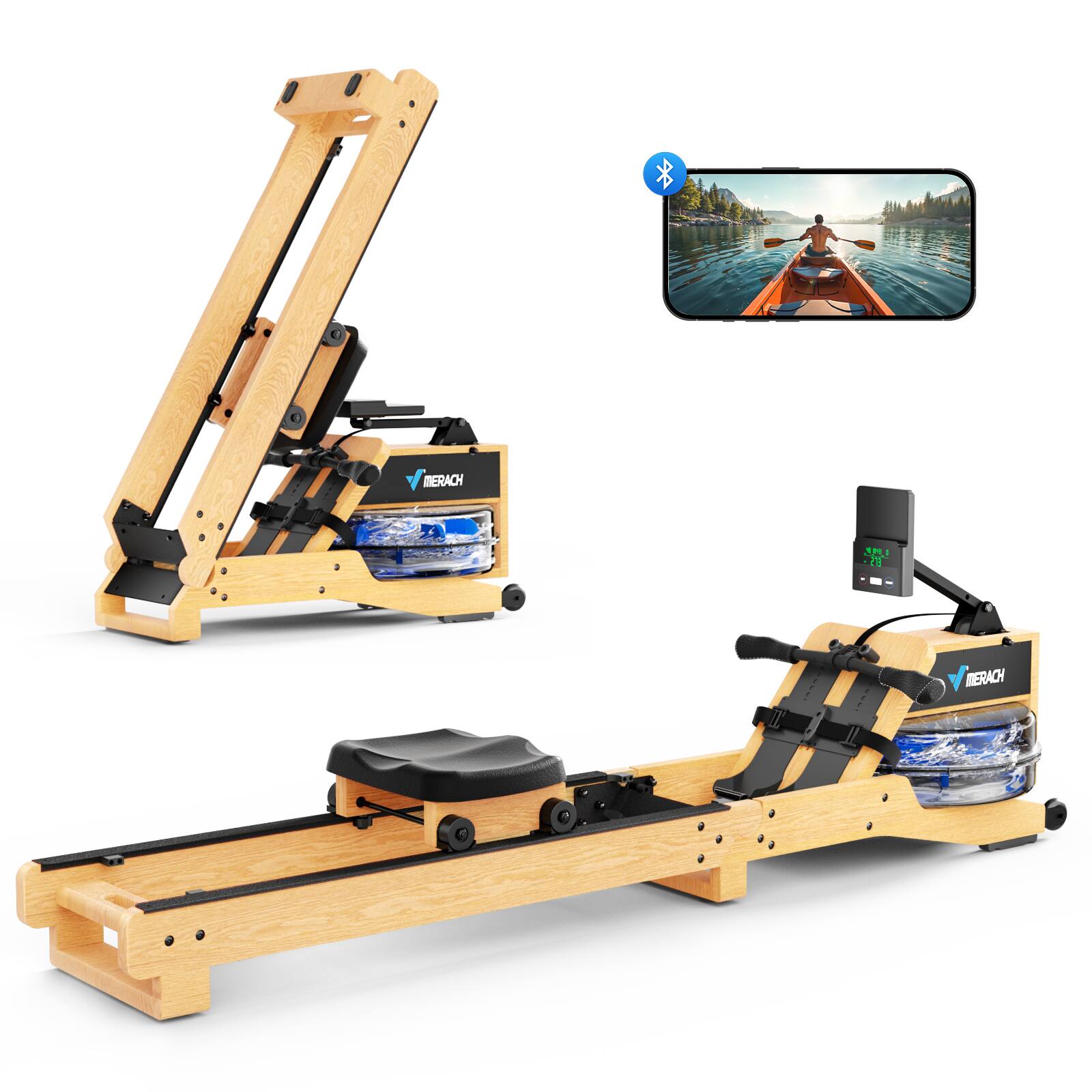 Front. MERACH - MERACH R23 Water Foldable Rowing Machines for Home Gym with 350LBS Weight APP - Wood.