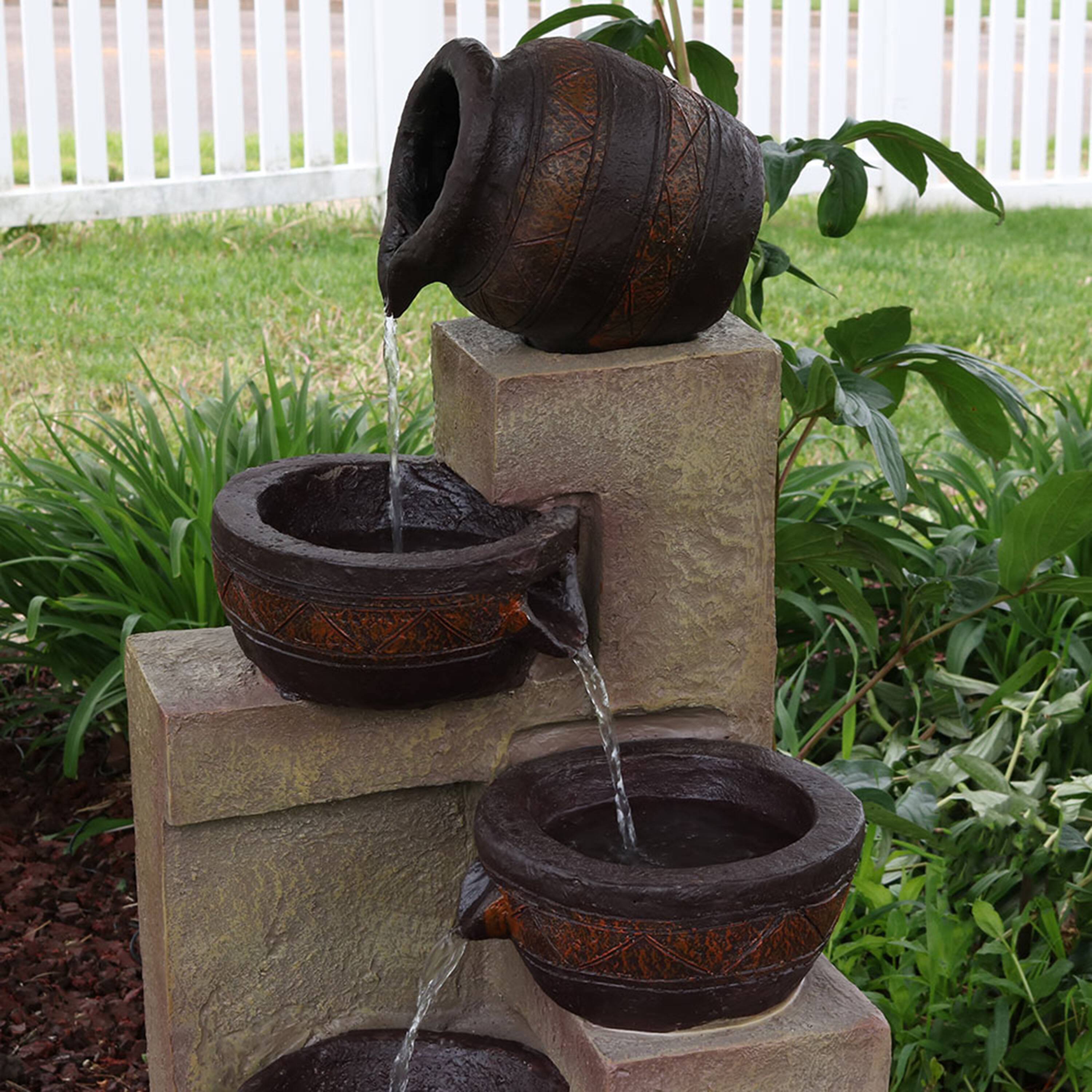 Alt View 4. Sunnydaze - Cascading Terra Bowl Solar Water Fountain with LED Lights - 30 in - Brown.