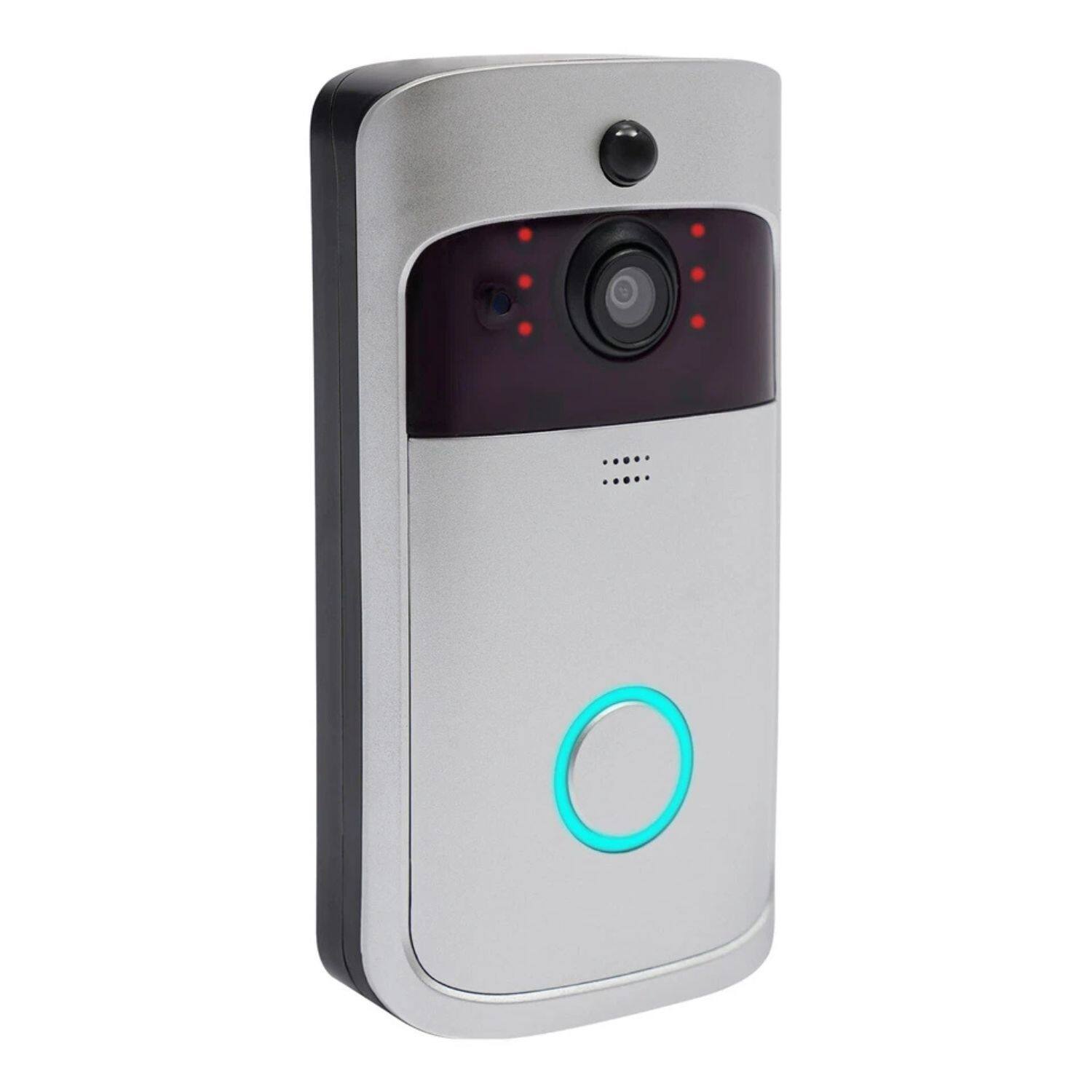 The image shows a doorbell camera with the following features:

- A camera lens with red LED lights around it.
- A small speaker grille below the camera.
- A blue ring light at the bottom.
- A black top section.

There is no text visible in the image.