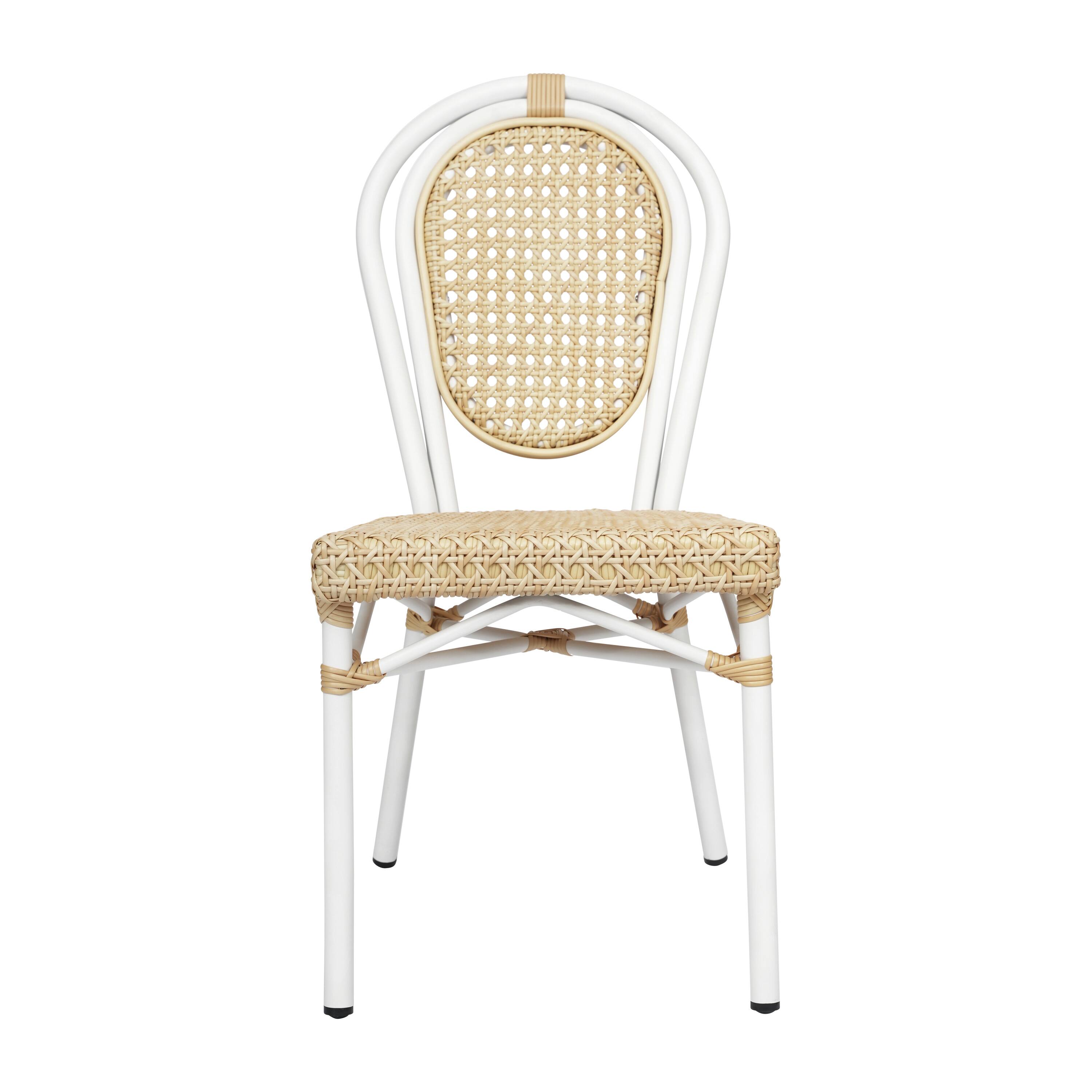 Alt View 9. Emma + Oliver - Reims Set of Two Indoor/Outdoor Stacking Thonet Bistro Style Chairs with PE Cane Rattan Seat and Metal Frame - Natural/White Frame.