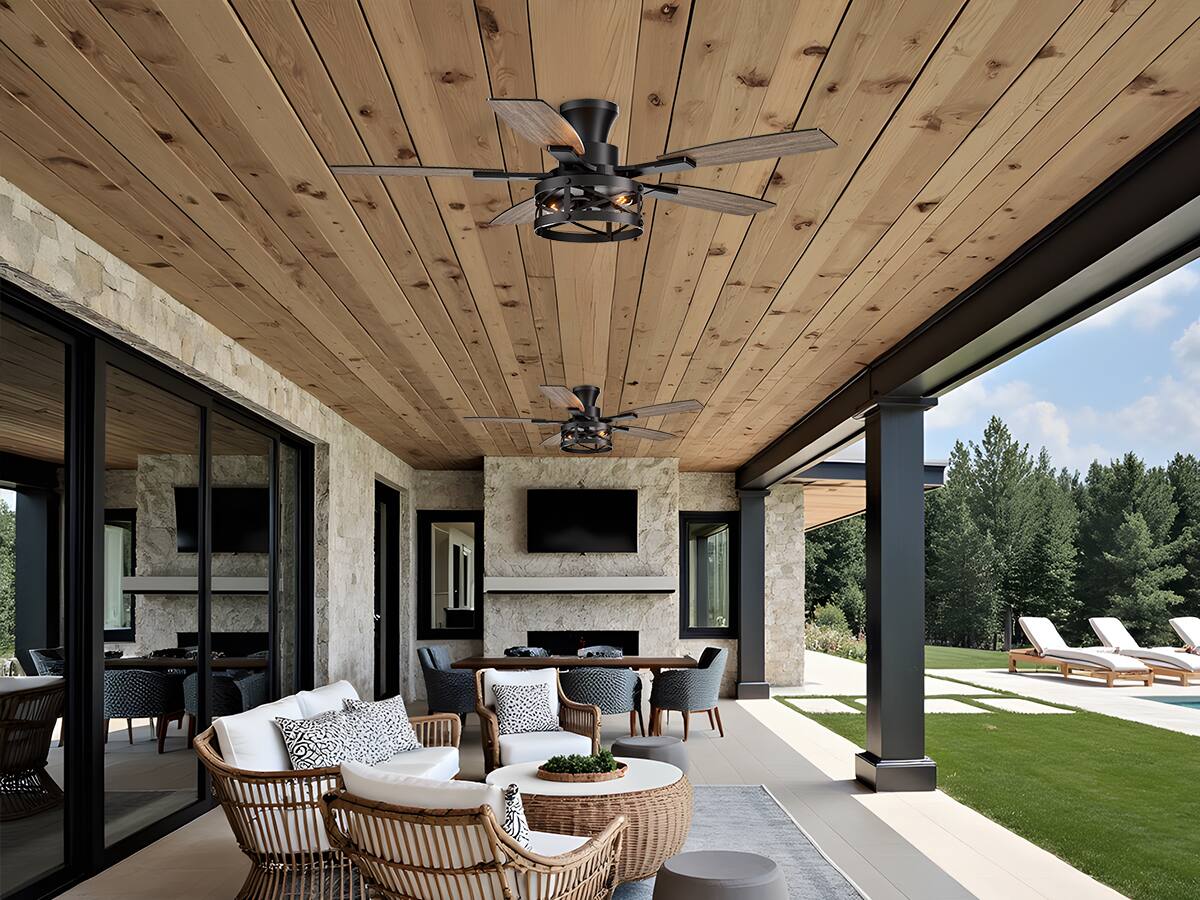 Angle. Siljoy - 52-In Farmhouse Flush Mount Lighted Cage Ceiling Fan  Walnut/Black Blades & Remote for Living Room Patio Bedroom - Black.