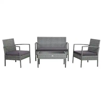 Front. Kadyn - 4 Pieces Rattan Patio Conversation Furniture, Outdoor Furniture Garden Conversation Sets with Acacia Wood Tabletop - Gray.