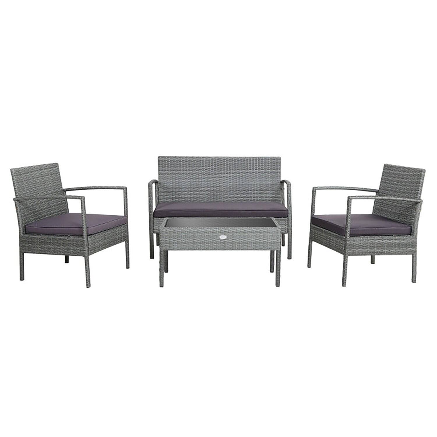 Front. Kadyn - 4 Pieces Rattan Patio Conversation Furniture, Outdoor Furniture Garden Conversation Sets with Acacia Wood Tabletop - Gray.