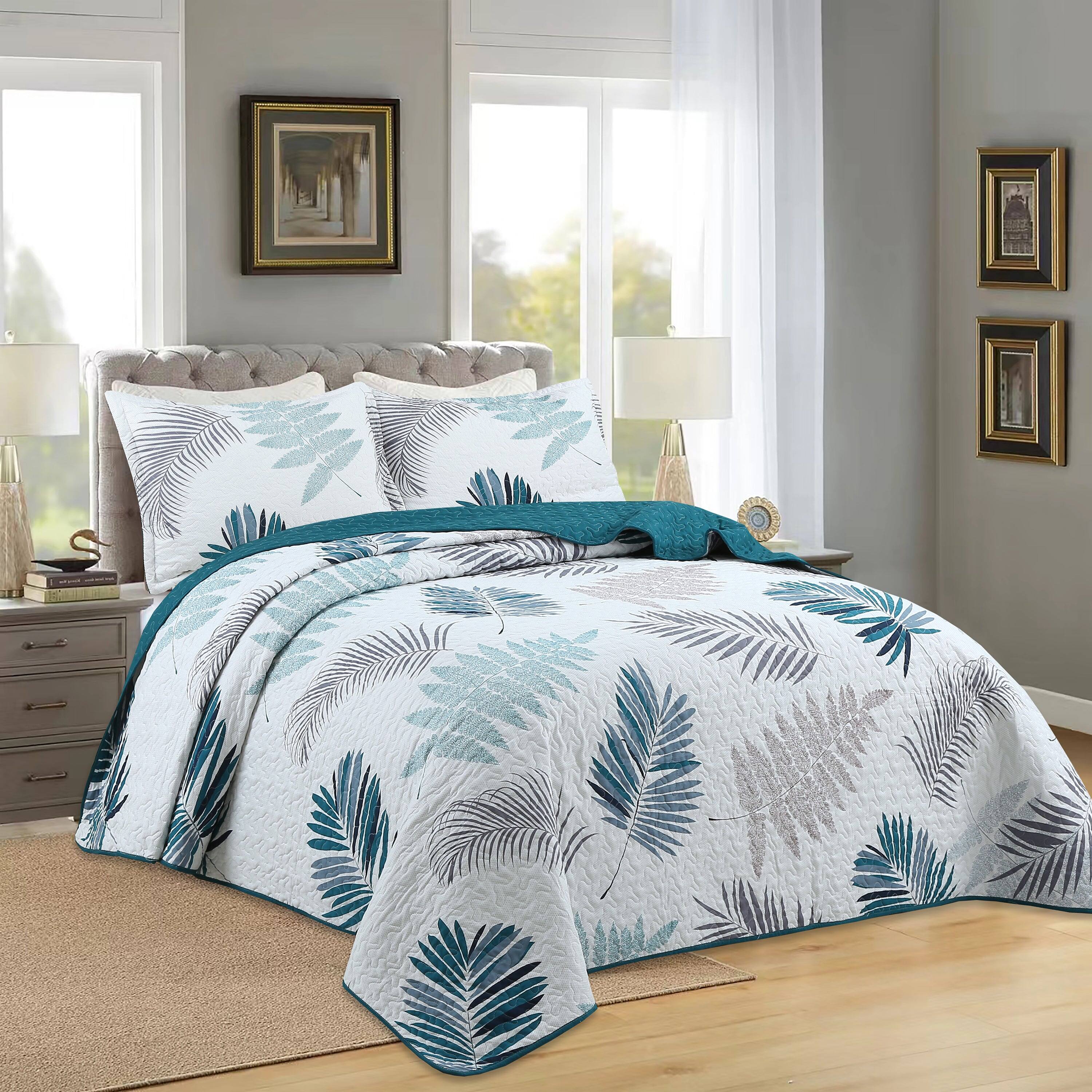 Back. MarCielo - Marcielo 3 Piece Printed Leaf Quilt Set Lightweight Bedspread Set - Printed leaf.