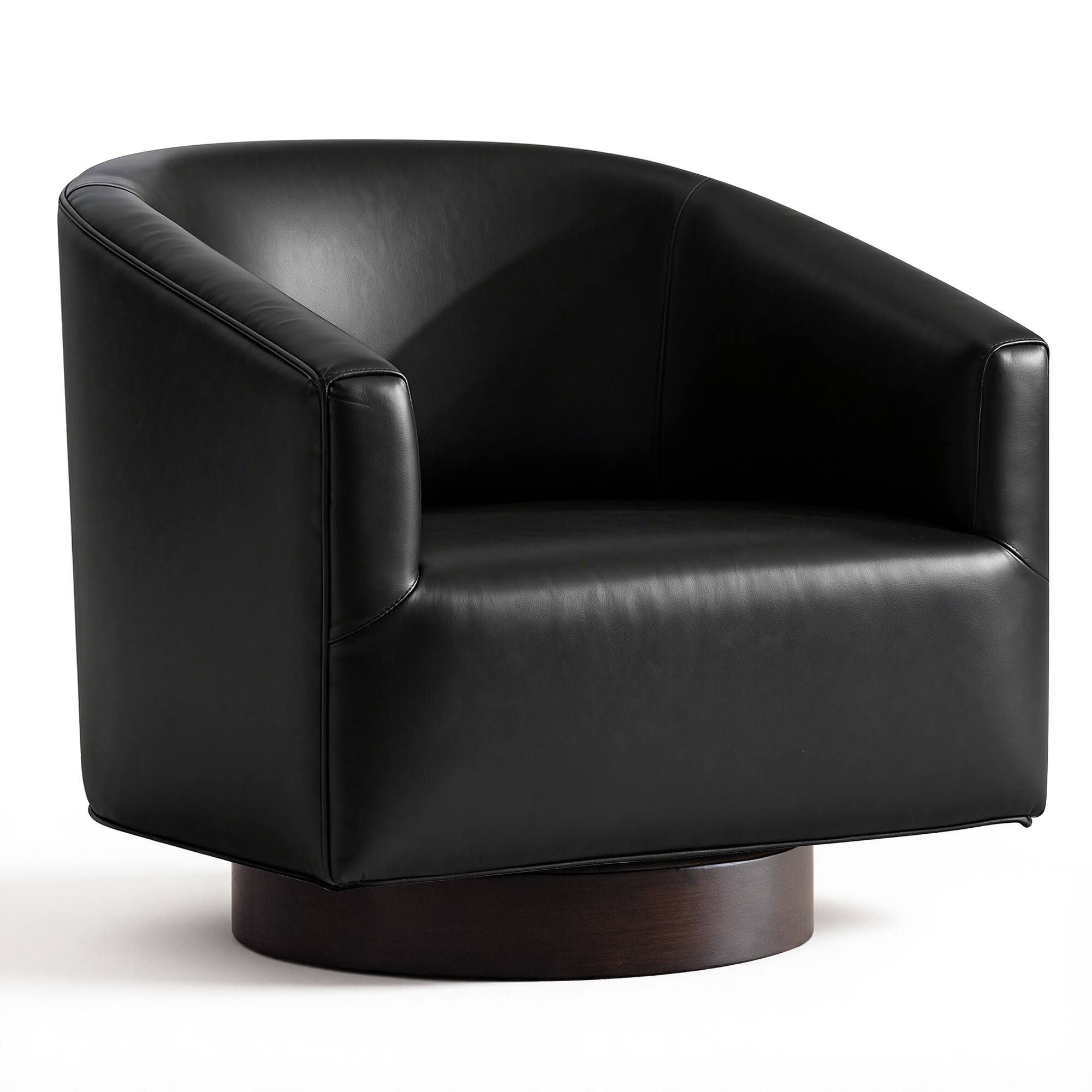 Angle. Brick Attic - 27.6"Wide Padded Swivel Accent Chair with Solid Wood Base, Faux Leather Upholstery,  Wraparound Backrest,Barrel Chair - BLACK.