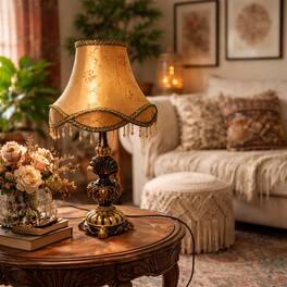 FC Design - 24"H Gold Detailed Dark Vase w/ Brown Fringe Palace Shade Table Lamp