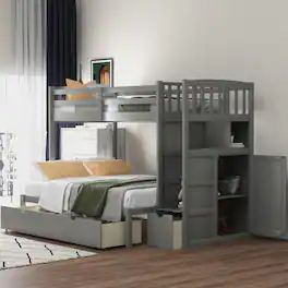 Loheer - Twin over Full Bunk Bed with Stairs and Storage Drawers - Gray