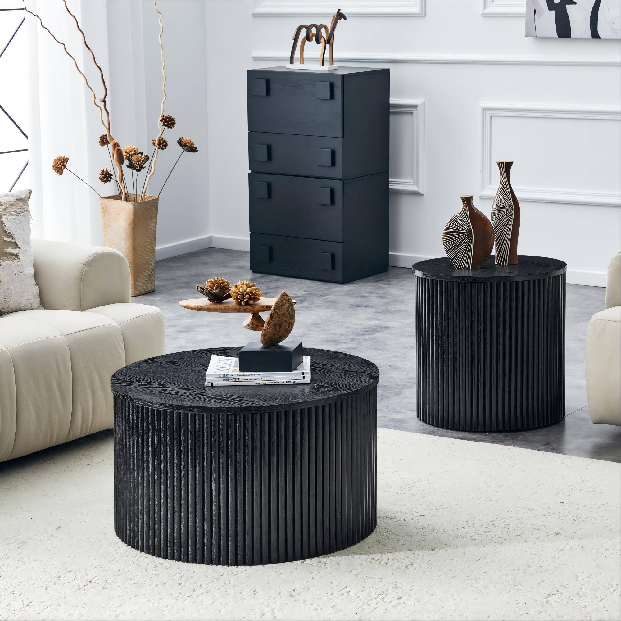Back. Loheer - Loheer- 2.6ft Black Nesting Coffee Table Set Roman Column Round Storage Side Tables for Living Room - Black Woodgrain.