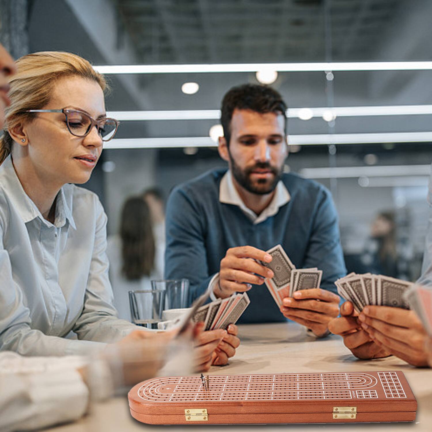 Alt View 2. GSE Games & Sports Expert - 3-Track Wooden Cribbage Board Game with Playing Cards, Metal Pegs and Storage Area for Family Game.