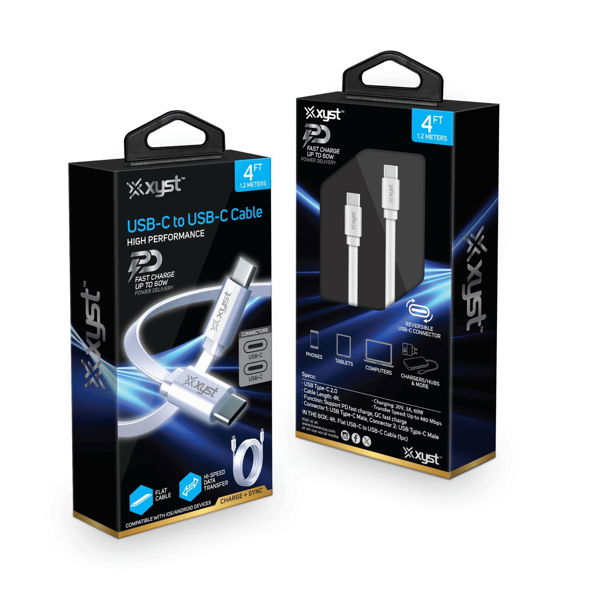 **USB-C to USB-C Cable**

**HIGH PERFORMANCE**

**FAST CHARGE UP TO 60W POWER DELIVERY**

**CONNECTORS**

- USB-C
- USB-C

**FLAT CABLE**

**HI-SPEED DATA TRANSFER**

**CHARGE + SYNC**

**COMPATIBLE WITH iOS/ANDROID DEVICES**

**4 FT**

**1.2 METERS**

**REVERSIBLE USB-C CONNECTOR**

**PHONES**

**TABLETS**

**COMPUTERS**

**CHARGERS/HUBS & MORE**

**Specifications:**

- **Cable Type:** USB-C to USB-C
- **Length:** 4 FT (1.2 Meters)
- **Connector Support:** USB-C to USB-C
- **Function:** Fast Charge, Data Transfer
- **Charge Speed:** Up to 60W
- **Data Speed:** Up to 480 Mbps
- **Cable Type:** Flat Cable
- **Connector Type:** USB-C to USB-C (Male)

**Note:** Compatible with iOS/Android devices.
