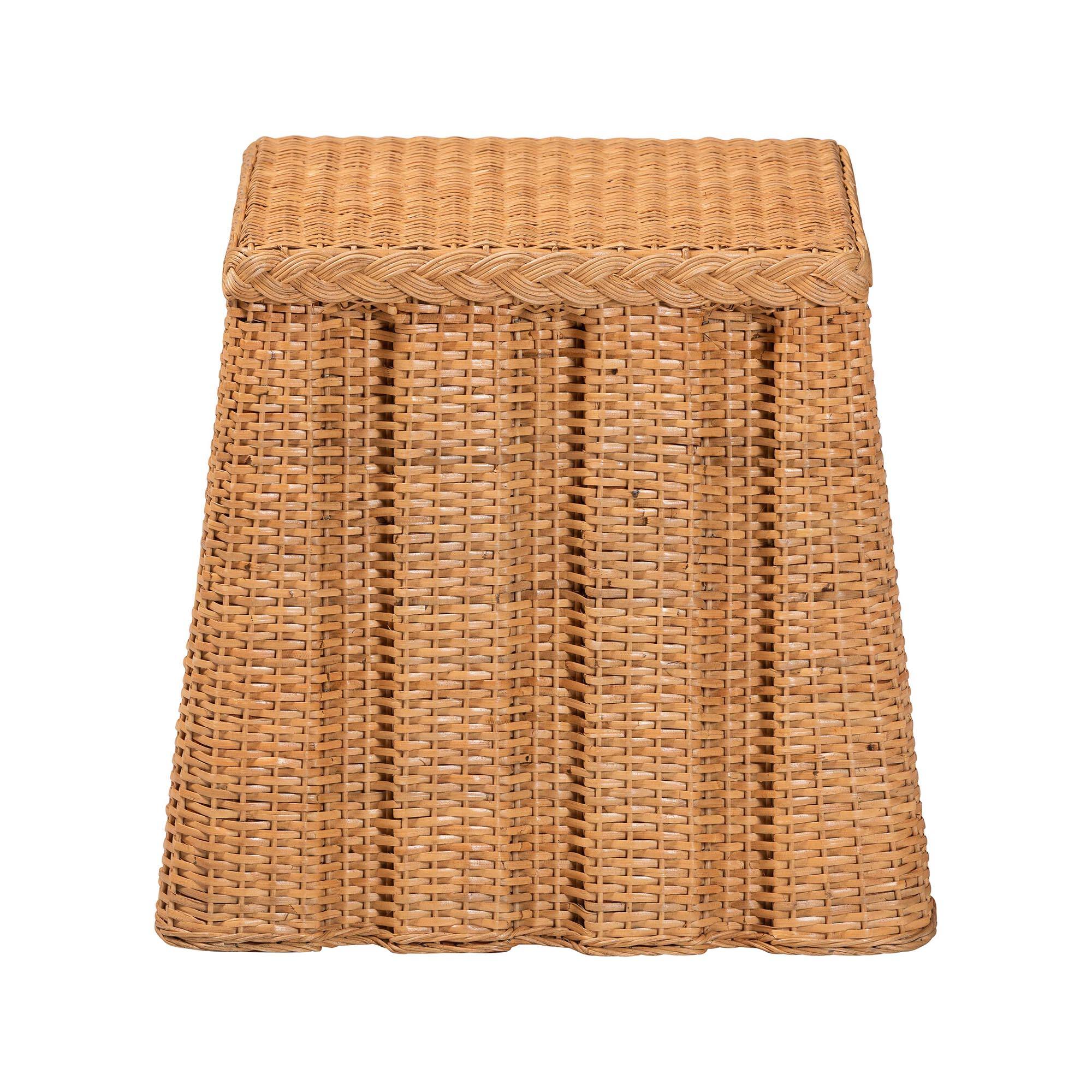 Angle. bali & pari - Andrea Natural Rattan End Table - Handwoven Wicker Accent Table with Pleated Skirt, Boho Coastal Side Table - Light Honey.