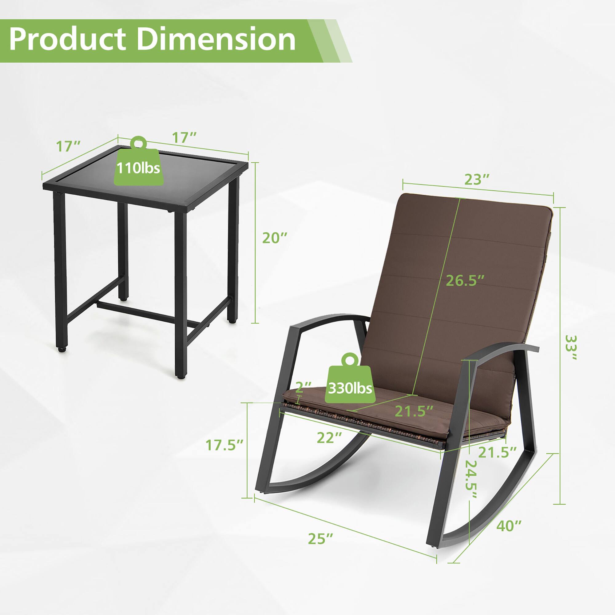 Product Dimension

- Table: 17" x 17" x 20" (110 lbs)
- Chair: 23" x 26.5" x 33" (330 lbs)
- Seat: 21.5" x 21.5" x 24.5"
- Base: 25" x 40"
