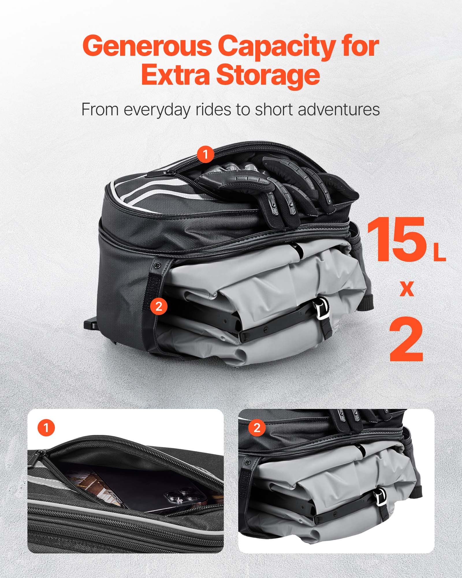 Generous Capacity for Extra Storage  
From everyday rides to short adventures  

15L x 2