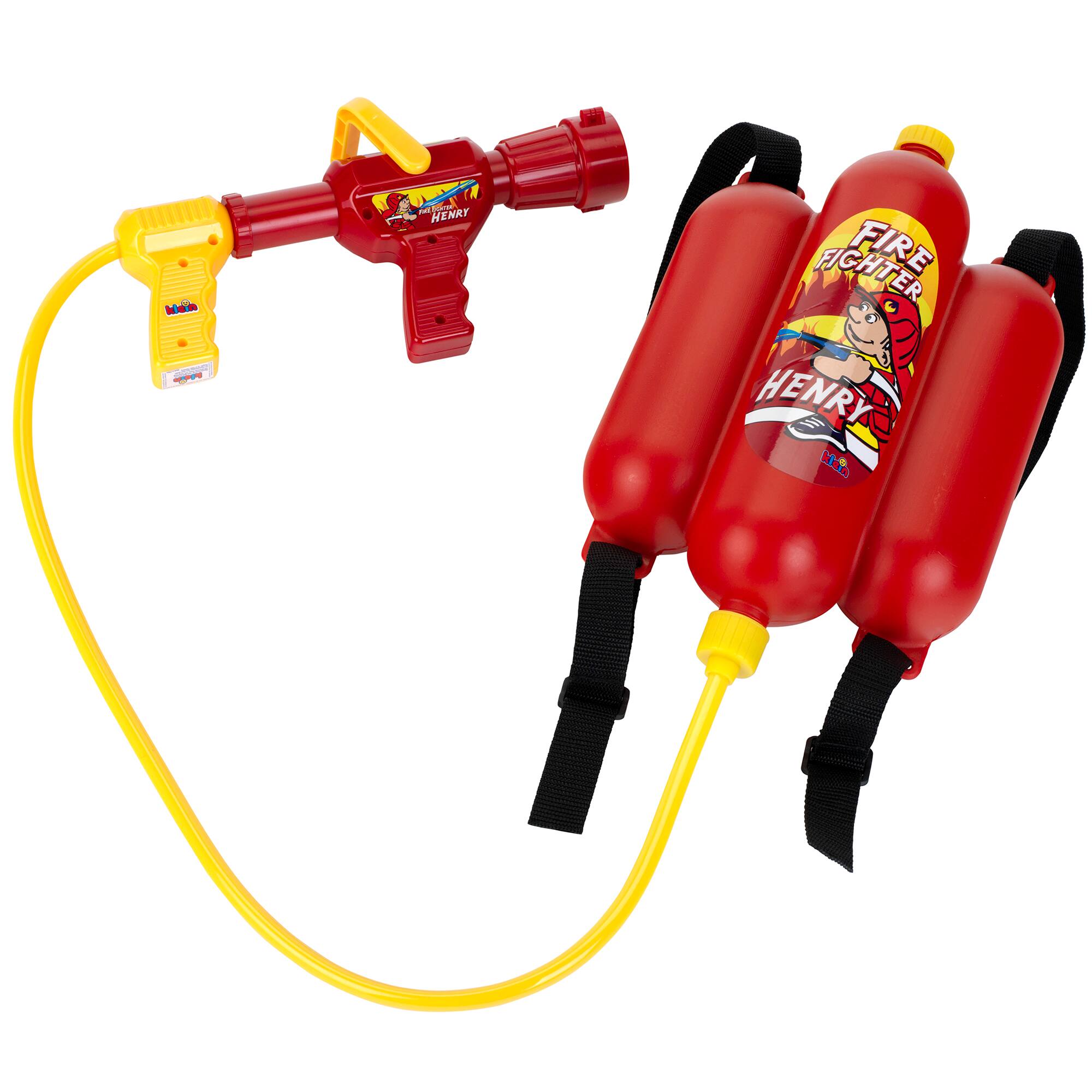 The image features a red and yellow toy fire extinguisher, which is part of a firefighting set. The toy is designed to look like a real fire extinguisher, and it is connected to a yellow hose. The toy is made by the company Henry Fighter Fire, and it is intended for children to play with and learn about fire safety. The toy is displayed on a white background, making it stand out and be easily visible.