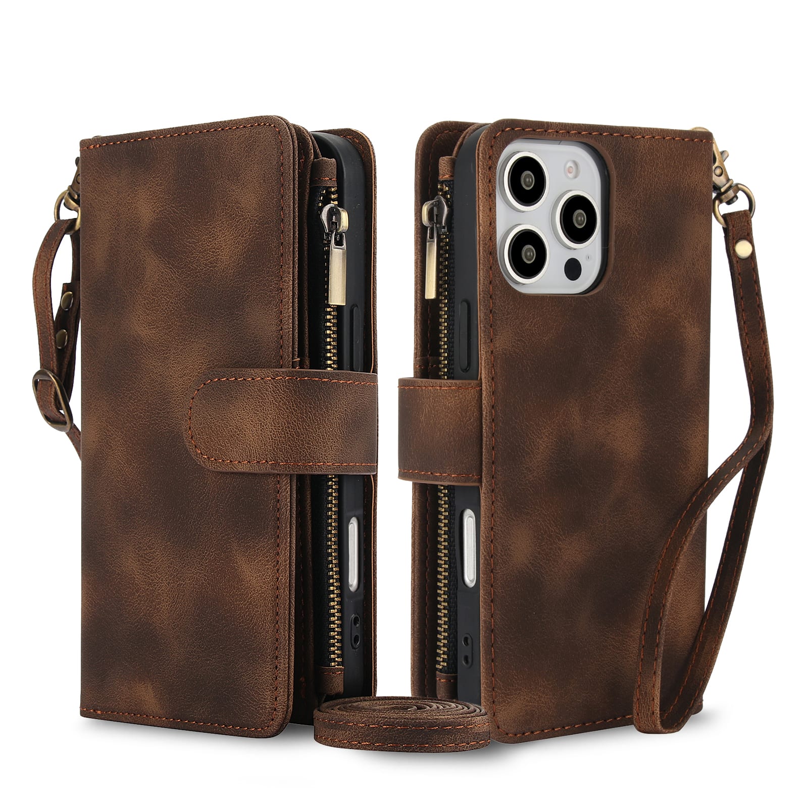 Dteck - RFID Blocking Zipper Wallet Pocket 9 Cards For Apple iPhone 16 Pro Max PU Leather Stand Crossbody Strap Cover - Brown
