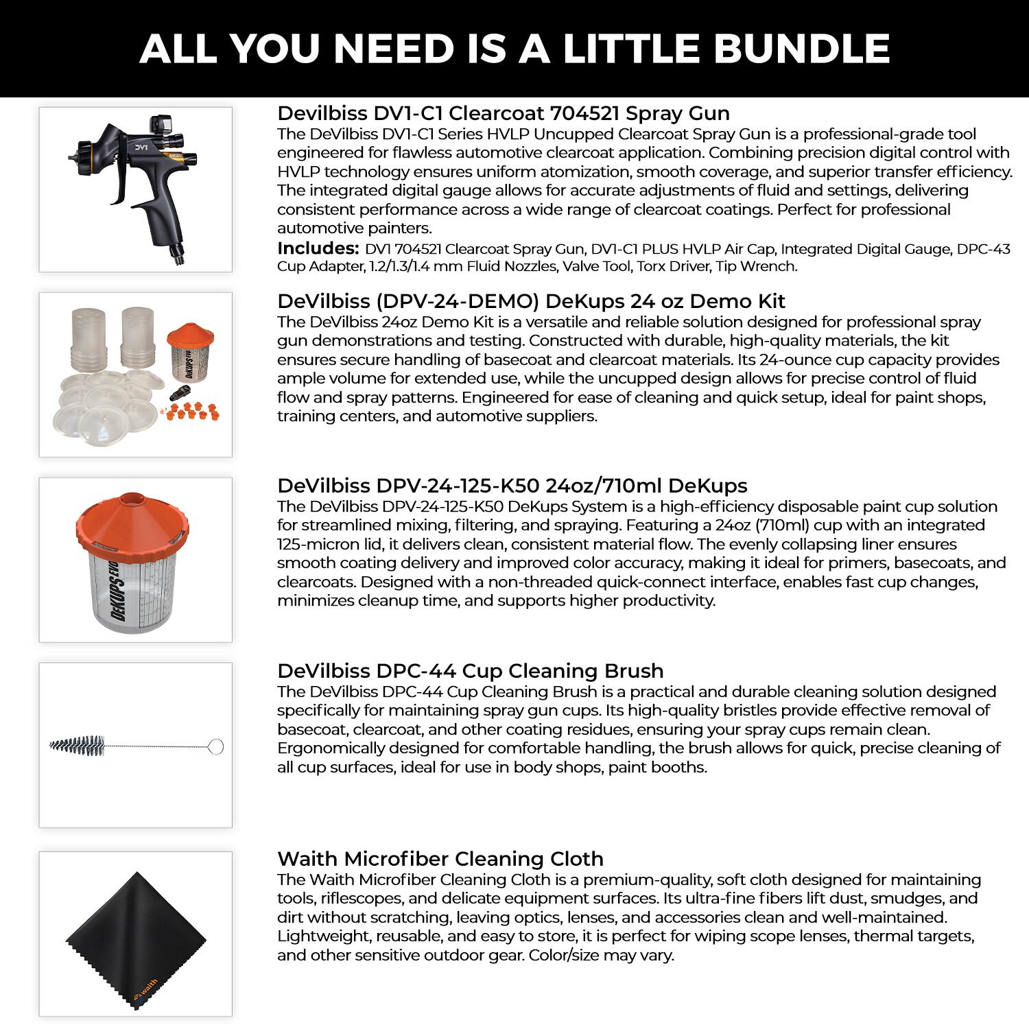 ALL YOU NEED IS A LITTLE BUNDLE

Devilbiss DV1-C1 Clearcoat 704521 Spray Gun
The Devilbiss DV1-C1 Series HVLP Uncupped Clearcoat Spray Gun is a professional-grade tool engineered for flawless automotive clearcoat application. Combining precision digital control with HVLP technology ensures uniform atomization, smooth coverage, and superior transfer efficiency. The integrated digital gauge allows for accurate adjustments of fluid and air settings, delivering consistent performance across a wide range of clearcoat coatings. Perfect for professional automotive painters.
Includes: DV1 704521 Spray Gun, DV1-C1 PLUS HVLP Air Cap, Integrated Digital Gauge, DPC-43 Cup Adapter, 1.2/1.3/1.4 mm Fluid Nozzle, Valve Tool, Torx Driver, Tip Wrench.

DeKups 24 oz Demo Kit
The Devilbiss 24oz Demo Kit is a versatile and reliable solution for professional spray gun demonstrations and testing. Constructed with durable, high-quality materials, the kit ensures secure handling of basecoat and clearcoat materials. Its 24-ounce cup capacity provides ample volume for extended use, and the uncupped design