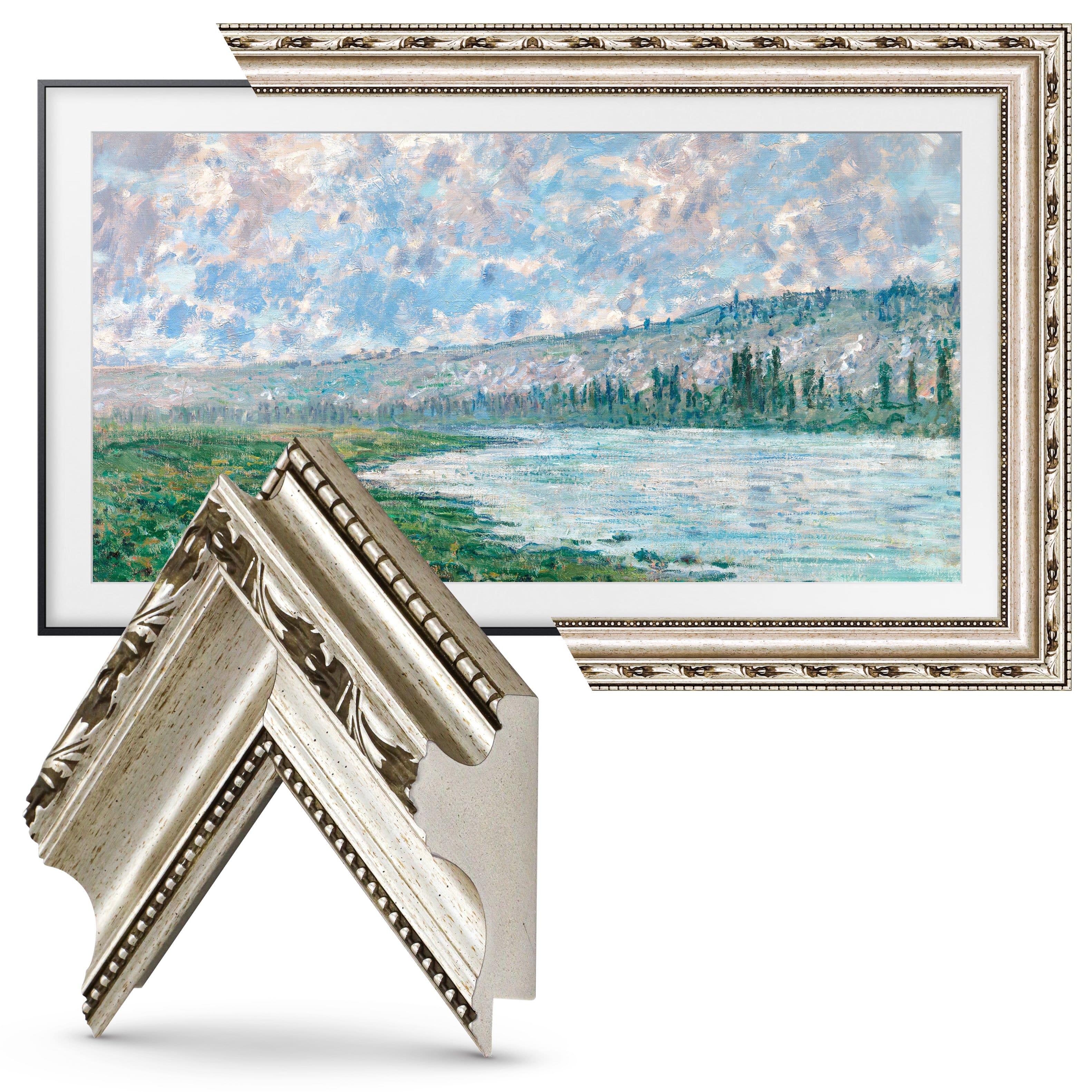 Left. Deco TV Frames - Premiere Bezel for Samsung the Frame TV - 75" - Ornate Silver.