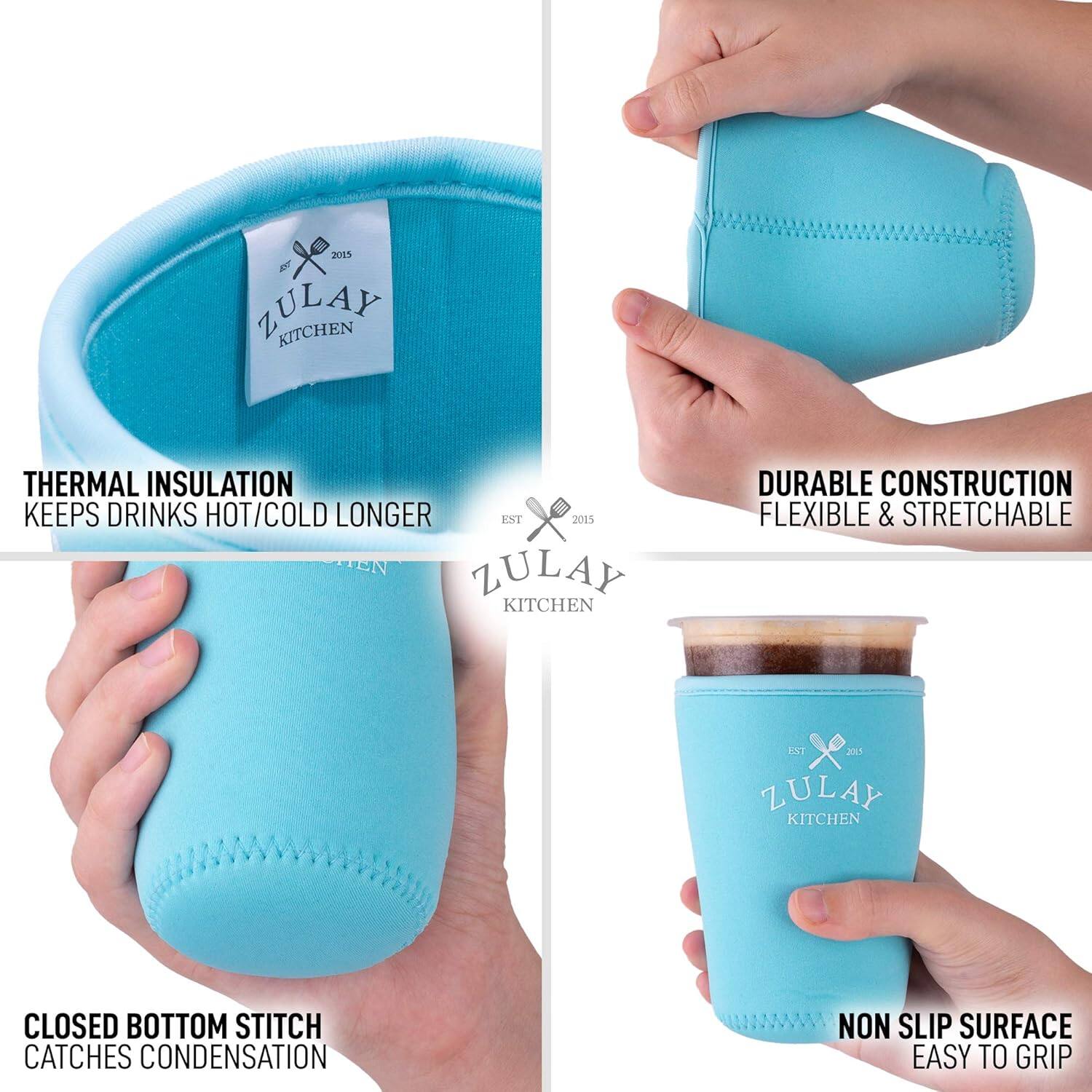 - THERMAL INSULATION  
  KEEPS DRINKS HOT/COLD LONGER

- DURABLE CONSTRUCTION  
  FLEXIBLE & STRETCHABLE

- CLOSED BOTTOM STITCH  
  CATCHES CONDENSATION

- NON SLIP SURFACE  
  EASY TO GRIP