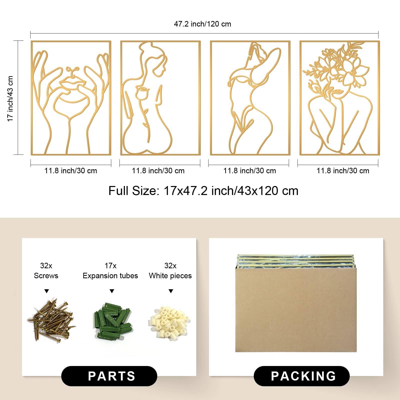 47.2 inch/120 cm  
17 inch/43 cm  
11.8 inch/30 cm  
11.8 inch/30 cm  
11.8 inch/30 cm  
11.8 inch/30 cm  

Full Size: 17x47.2 inch/43x120 cm  

32x Screws  
17x Expansion tubes  
32x White pieces  

PARTS  
PACKING