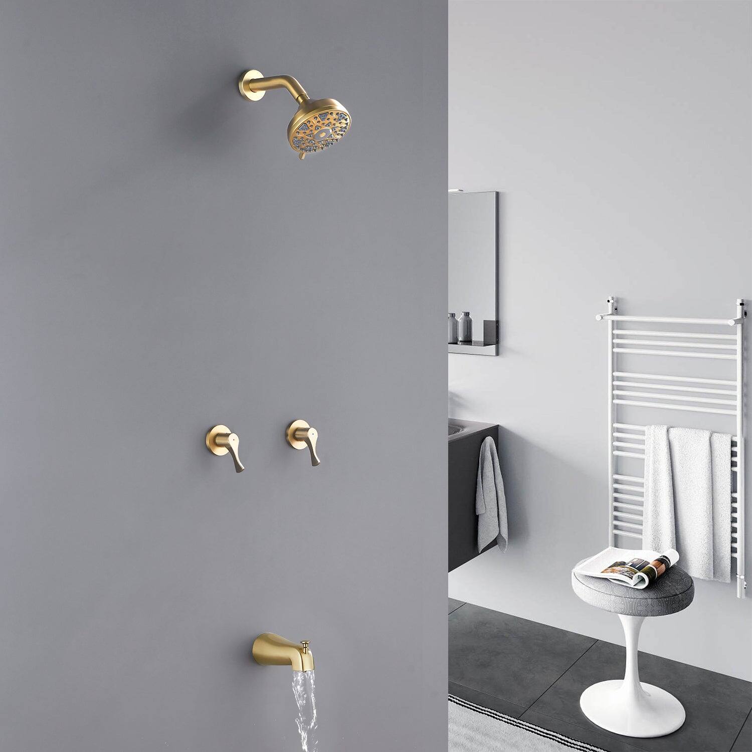 Alt View 4. Boyel Living - Brushed Gold Shower Set with 6 Function ABS Shower Head Dual Handle Control and High Flow Tub Spout - Brushed Gold.