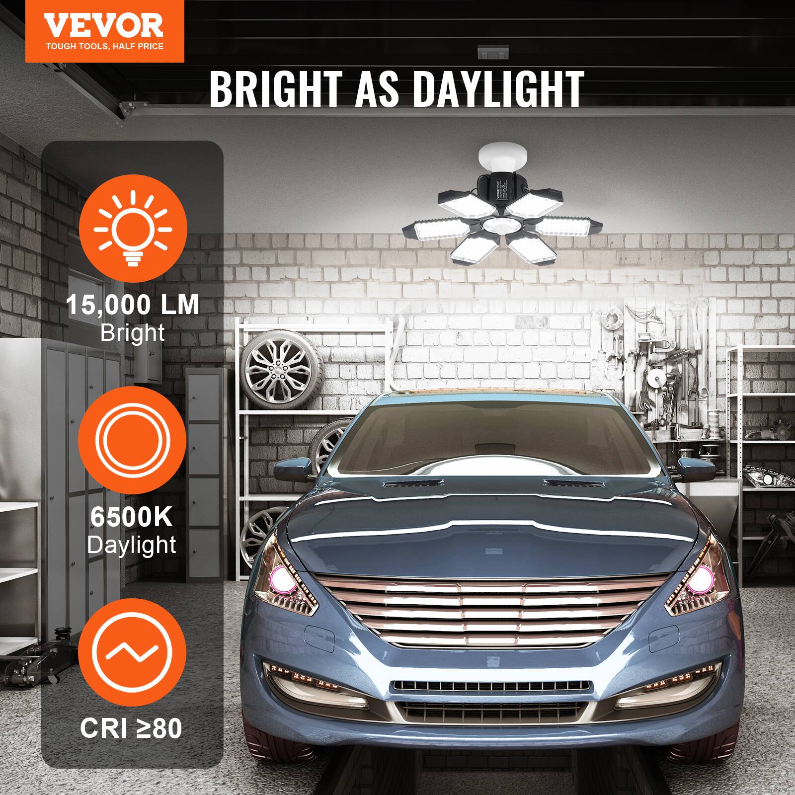 VEVOR  
TOUGH TOOLS, HALF PRICE  

BRIGHT AS DAYLIGHT  

15,000 LM  
Bright  

6500K  
Daylight  

CRI ≥80